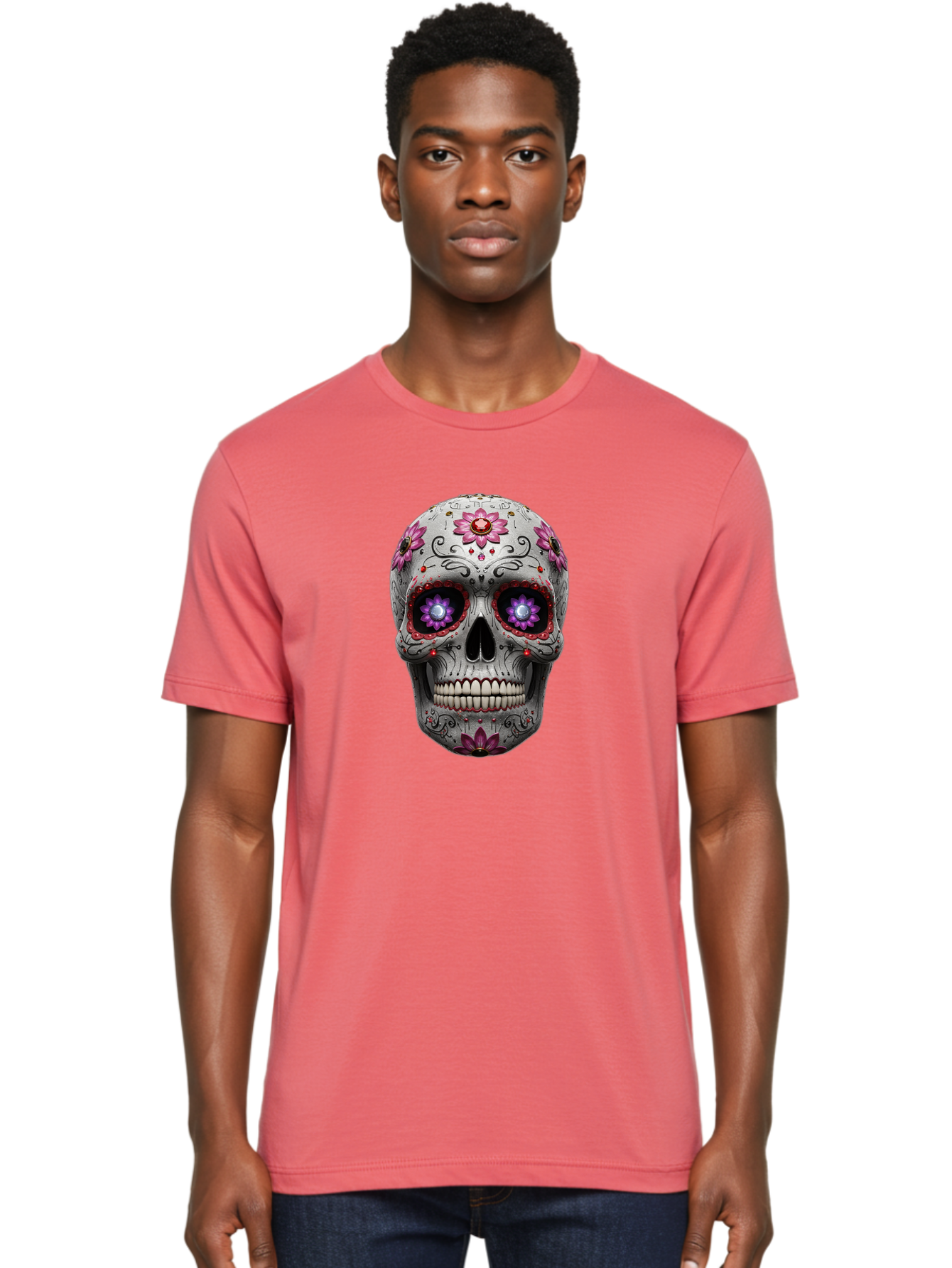 Sugar-Skull-17 Men'S Graphic Tee, 100% Cotton, Comfortable Casual Summer Wear, Machine Washable, Sugar Skull, Day Of The Dead, Skull Art, Floral Designs, Vibrant Colors, Intricate Patterns, Gothic Style, Mystical Symbols, Jewelry Designs, Bad766