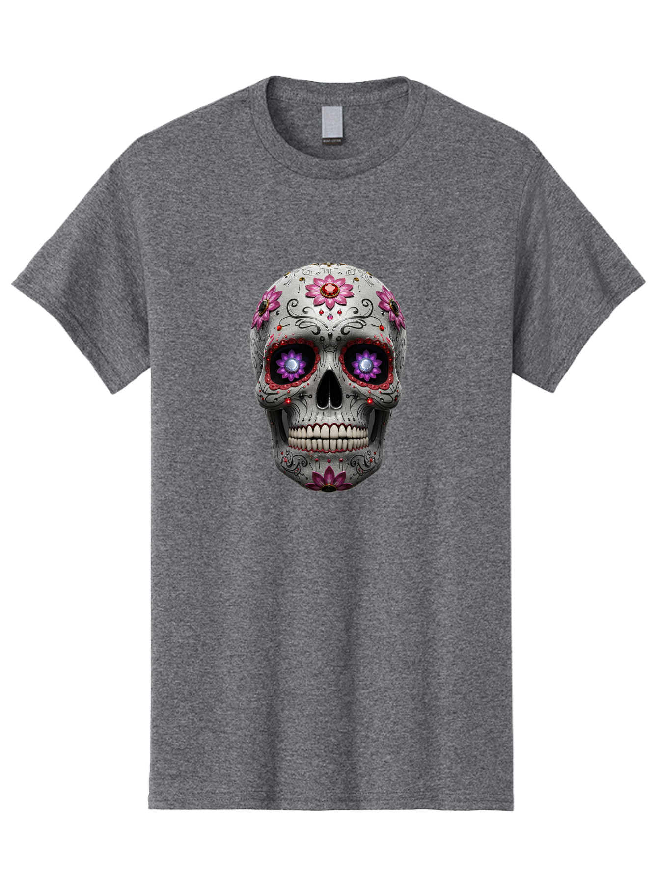Sugar-Skull-17 Men'S Graphic Tee, 100% Cotton, Comfortable Casual Summer Wear, Machine Washable, Sugar Skull, Day Of The Dead, Skull Art, Floral Designs, Vibrant Colors, Intricate Patterns, Gothic Style, Mystical Symbols, Jewelry Designs, Bad766