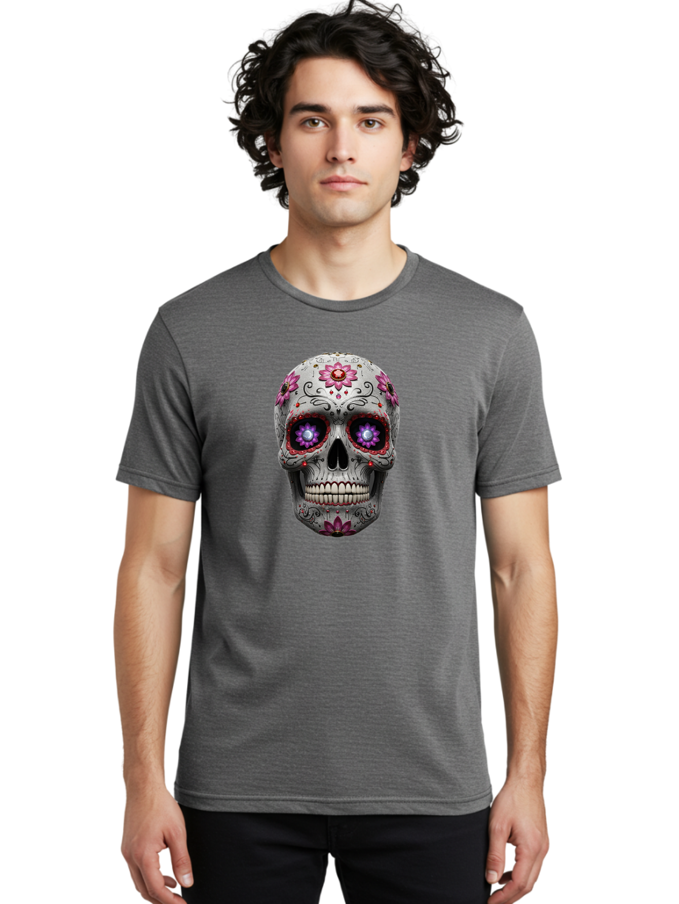 Sugar-Skull-17 Men'S Graphic Tee, 100% Cotton, Comfortable Casual Summer Wear, Machine Washable, Sugar Skull, Day Of The Dead, Skull Art, Floral Designs, Vibrant Colors, Intricate Patterns, Gothic Style, Mystical Symbols, Jewelry Designs, Bad766