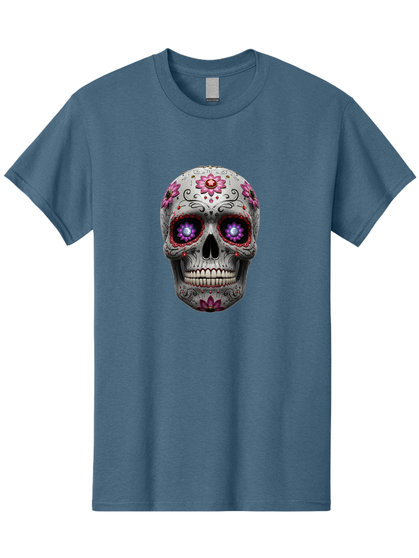 Sugar-Skull-17 Men'S Graphic Tee, 100% Cotton, Comfortable Casual Summer Wear, Machine Washable, Sugar Skull, Day Of The Dead, Skull Art, Floral Designs, Vibrant Colors, Intricate Patterns, Gothic Style, Mystical Symbols, Jewelry Designs, Bad766
