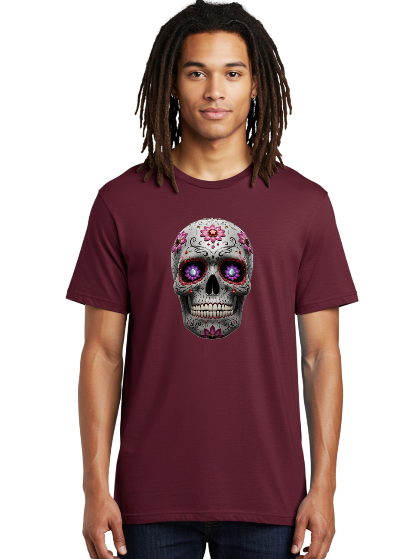 Sugar-Skull-17 Men'S Graphic Tee, 100% Cotton, Comfortable Casual Summer Wear, Machine Washable, Sugar Skull, Day Of The Dead, Skull Art, Floral Designs, Vibrant Colors, Intricate Patterns, Gothic Style, Mystical Symbols, Jewelry Designs, Bad766