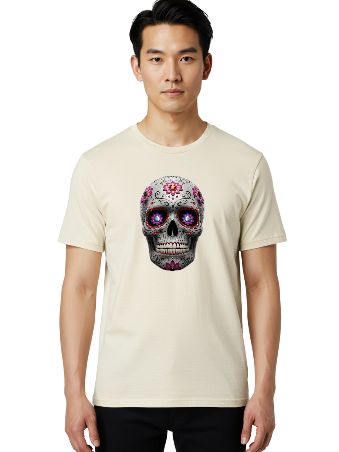 Sugar-Skull-17 Men'S Graphic Tee, 100% Cotton, Comfortable Casual Summer Wear, Machine Washable, Sugar Skull, Day Of The Dead, Skull Art, Floral Designs, Vibrant Colors, Intricate Patterns, Gothic Style, Mystical Symbols, Jewelry Designs, Bad766