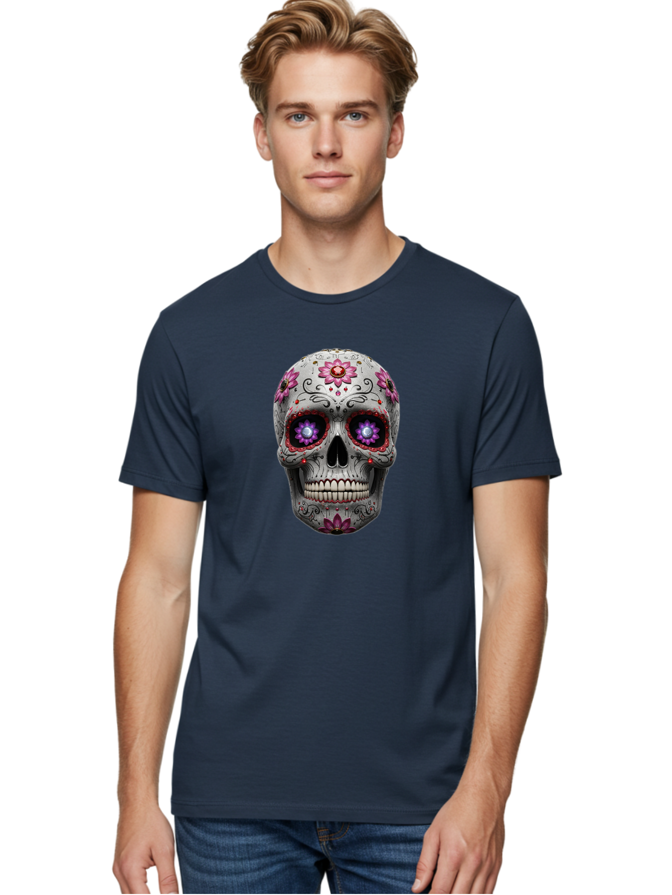 Sugar-Skull-17 Men'S Graphic Tee, 100% Cotton, Comfortable Casual Summer Wear, Machine Washable, Sugar Skull, Day Of The Dead, Skull Art, Floral Designs, Vibrant Colors, Intricate Patterns, Gothic Style, Mystical Symbols, Jewelry Designs, Bad766