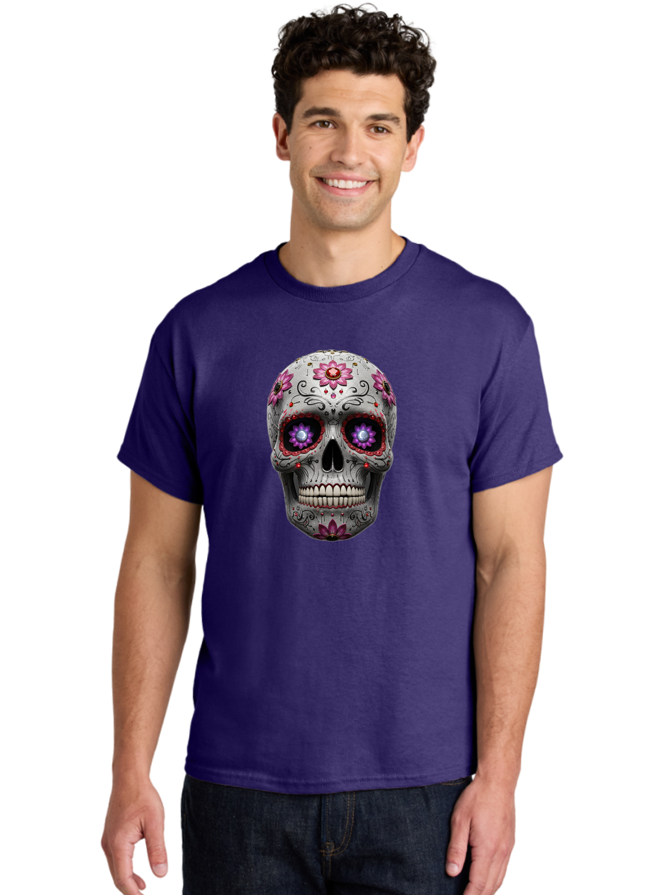 Sugar-Skull-17 Men'S Graphic Tee, 100% Cotton, Comfortable Casual Summer Wear, Machine Washable, Sugar Skull, Day Of The Dead, Skull Art, Floral Designs, Vibrant Colors, Intricate Patterns, Gothic Style, Mystical Symbols, Jewelry Designs, Bad766