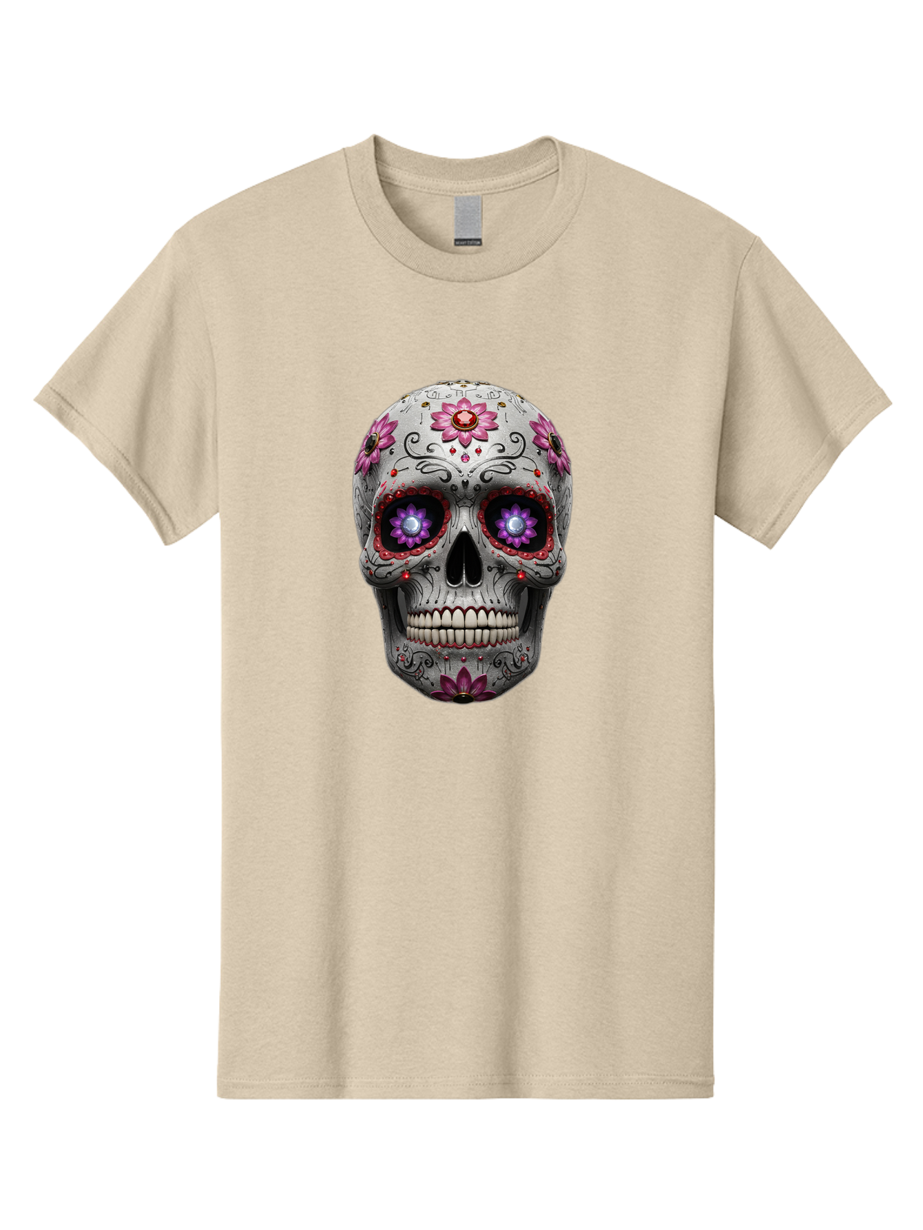 Sugar-Skull-17 Men'S Graphic Tee, 100% Cotton, Comfortable Casual Summer Wear, Machine Washable, Sugar Skull, Day Of The Dead, Skull Art, Floral Designs, Vibrant Colors, Intricate Patterns, Gothic Style, Mystical Symbols, Jewelry Designs, Bad766