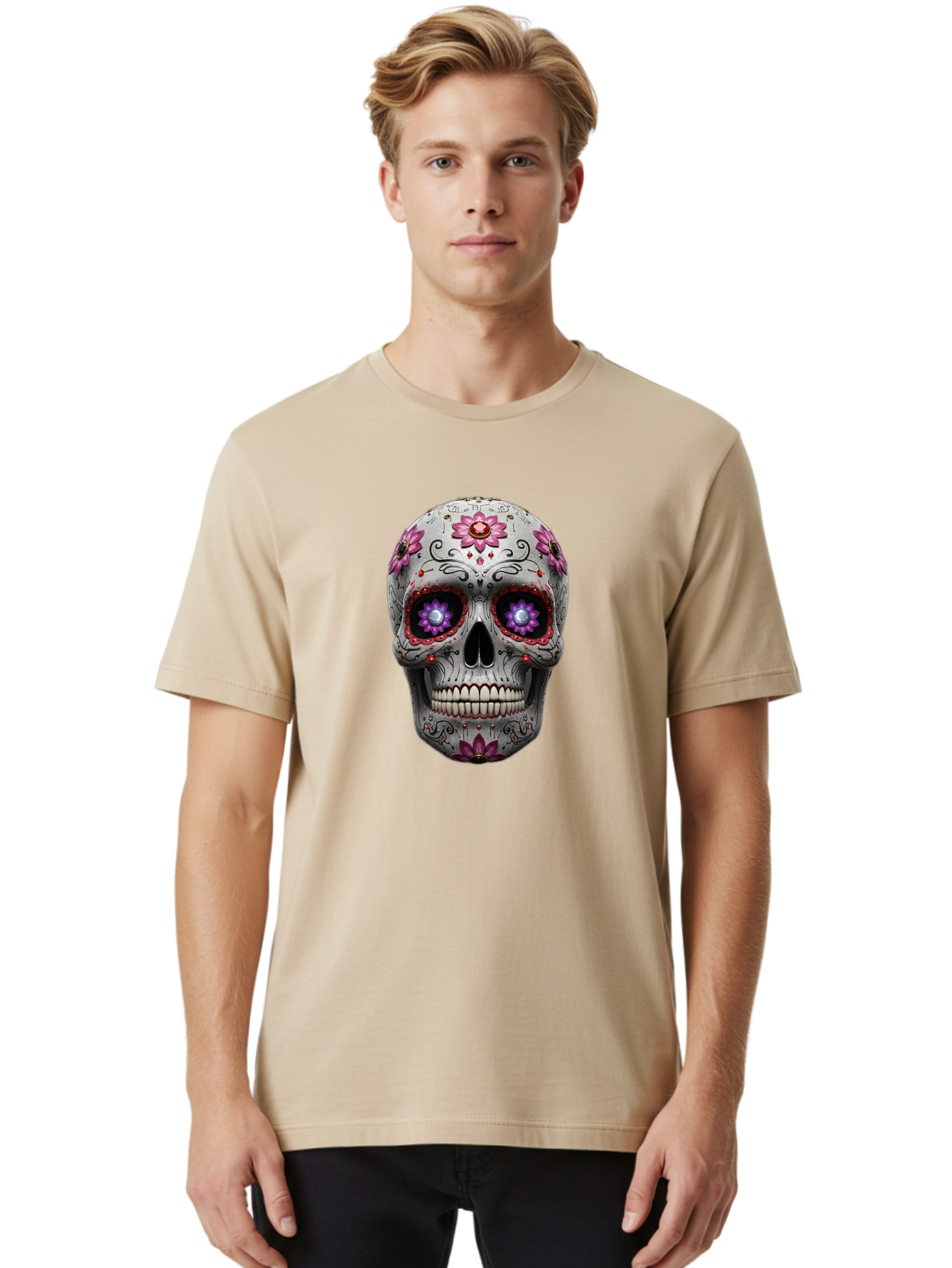 Sugar-Skull-17 Men'S Graphic Tee, 100% Cotton, Comfortable Casual Summer Wear, Machine Washable, Sugar Skull, Day Of The Dead, Skull Art, Floral Designs, Vibrant Colors, Intricate Patterns, Gothic Style, Mystical Symbols, Jewelry Designs, Bad766