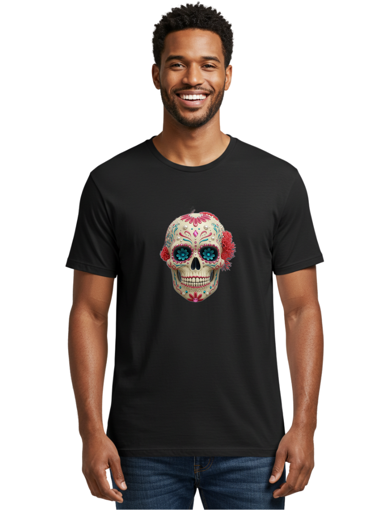 Sugar-Skull-18 Men'S Graphic Tee, 100% Cotton, Comfortable Casual Summer Wear, Machine Washable, Sugar Skull, Dia De Los Muertos, Vibrant Flowers, Colorful Decorations, Festive Atmosphere, Mexican Culture, Ornate Design, Floral Patterns, Bad767