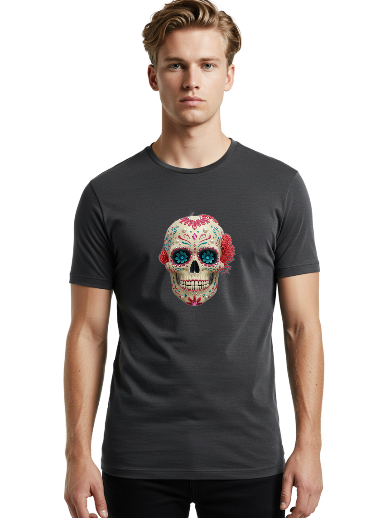Sugar-Skull-18 Men'S Graphic Tee, 100% Cotton, Comfortable Casual Summer Wear, Machine Washable, Sugar Skull, Dia De Los Muertos, Vibrant Flowers, Colorful Decorations, Festive Atmosphere, Mexican Culture, Ornate Design, Floral Patterns, Bad767