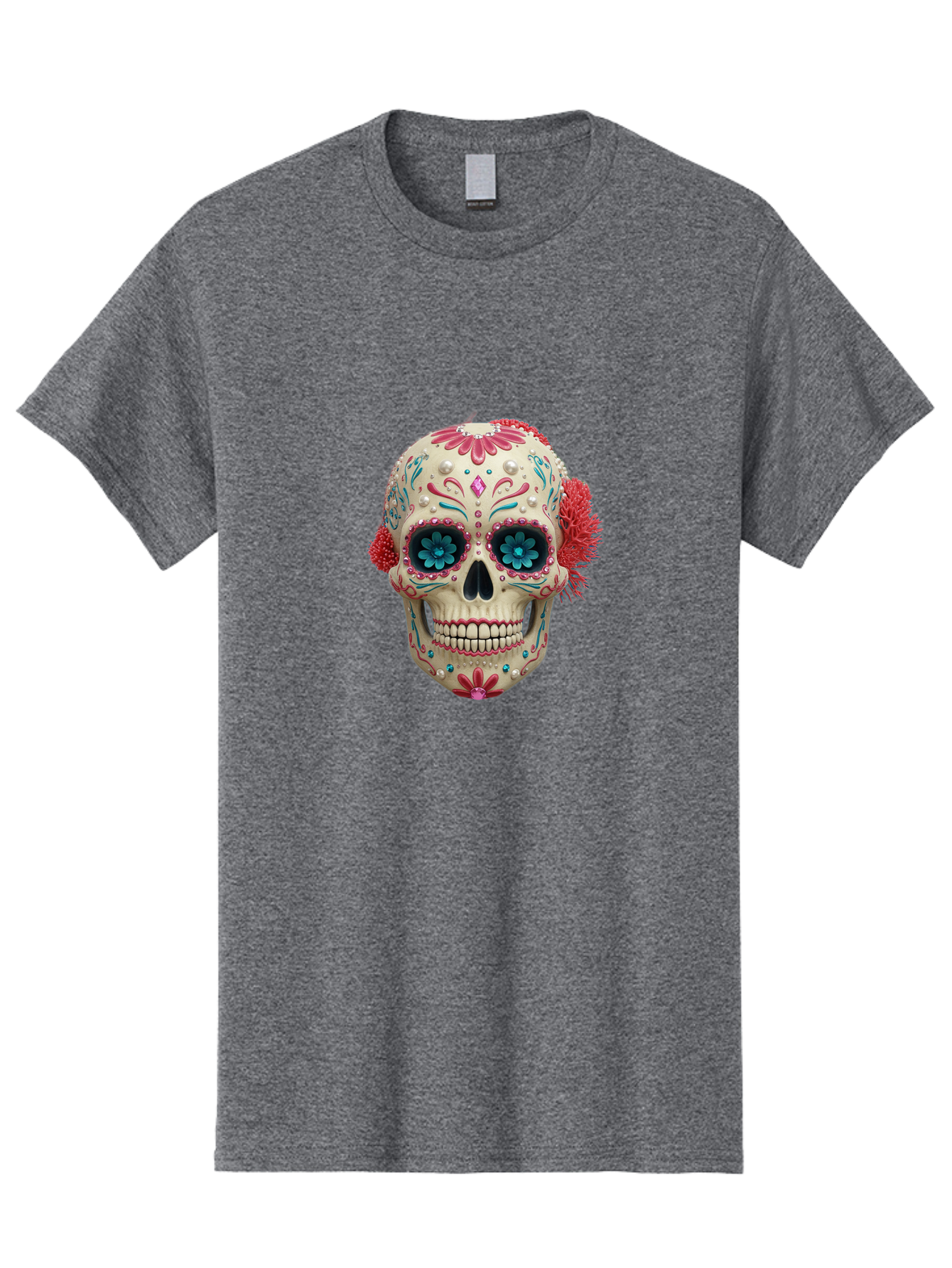 Sugar-Skull-18 Men'S Graphic Tee, 100% Cotton, Comfortable Casual Summer Wear, Machine Washable, Sugar Skull, Dia De Los Muertos, Vibrant Flowers, Colorful Decorations, Festive Atmosphere, Mexican Culture, Ornate Design, Floral Patterns, Bad767