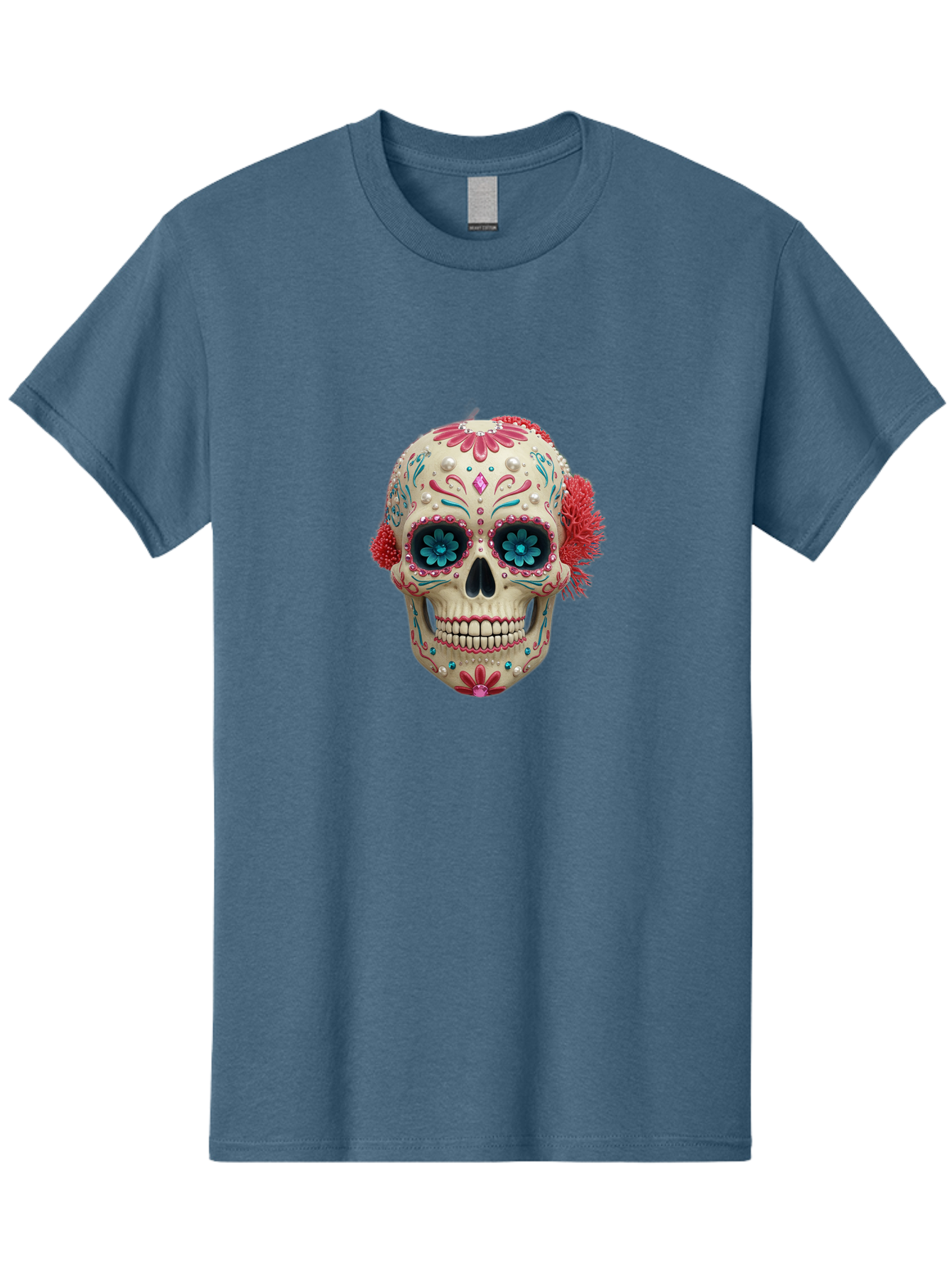 Sugar-Skull-18 Men'S Graphic Tee, 100% Cotton, Comfortable Casual Summer Wear, Machine Washable, Sugar Skull, Dia De Los Muertos, Vibrant Flowers, Colorful Decorations, Festive Atmosphere, Mexican Culture, Ornate Design, Floral Patterns, Bad767