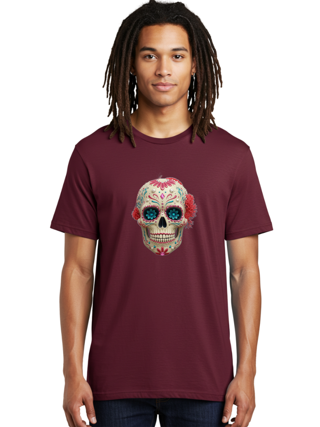 Sugar-Skull-18 Men'S Graphic Tee, 100% Cotton, Comfortable Casual Summer Wear, Machine Washable, Sugar Skull, Dia De Los Muertos, Vibrant Flowers, Colorful Decorations, Festive Atmosphere, Mexican Culture, Ornate Design, Floral Patterns, Bad767