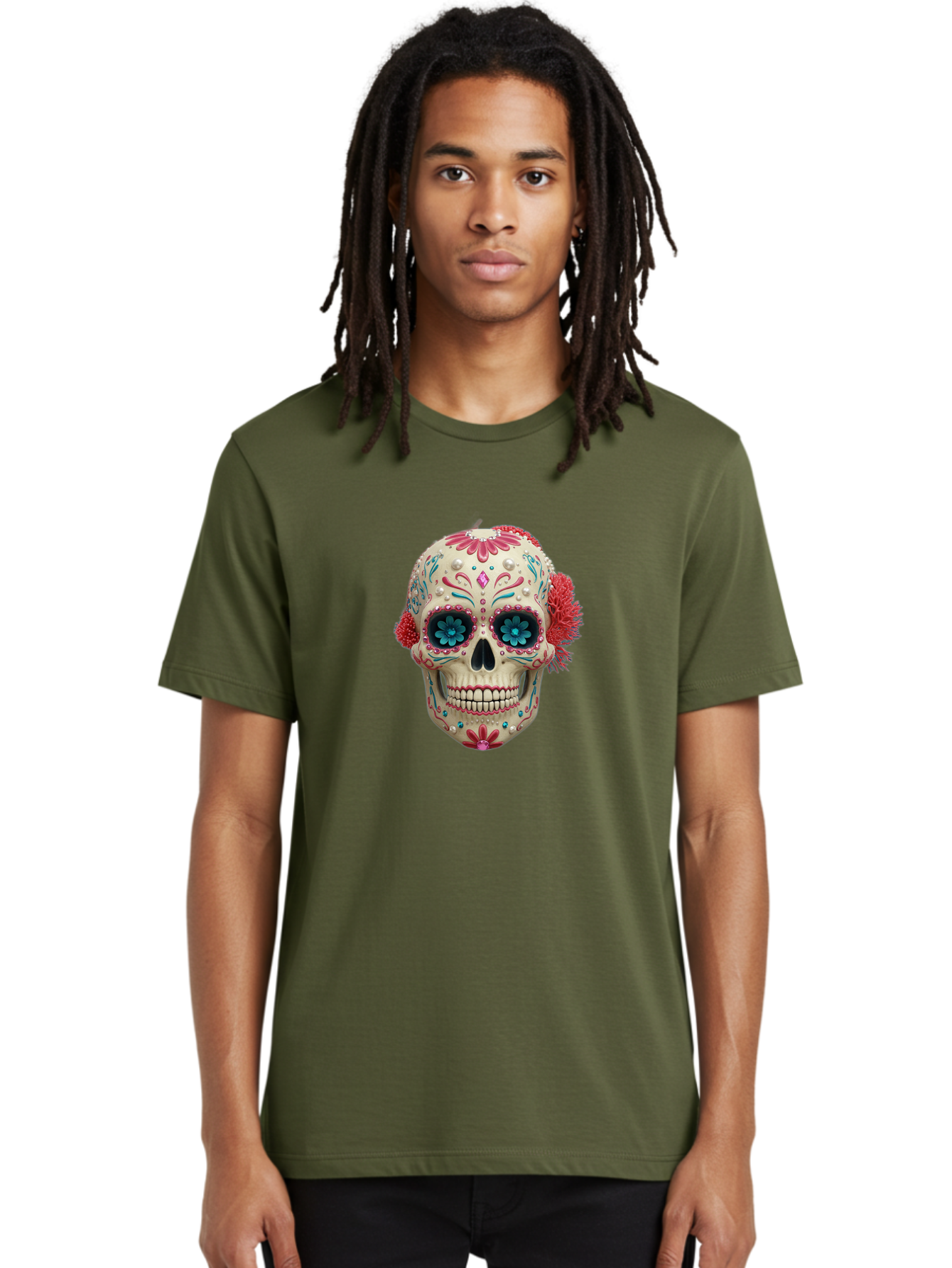 Sugar-Skull-18 Men'S Graphic Tee, 100% Cotton, Comfortable Casual Summer Wear, Machine Washable, Sugar Skull, Dia De Los Muertos, Vibrant Flowers, Colorful Decorations, Festive Atmosphere, Mexican Culture, Ornate Design, Floral Patterns, Bad767