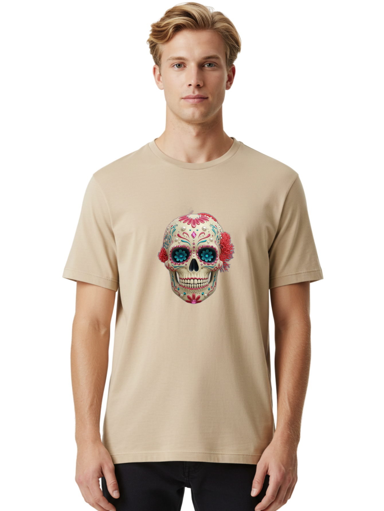 Sugar-Skull-18 Men'S Graphic Tee, 100% Cotton, Comfortable Casual Summer Wear, Machine Washable, Sugar Skull, Dia De Los Muertos, Vibrant Flowers, Colorful Decorations, Festive Atmosphere, Mexican Culture, Ornate Design, Floral Patterns, Bad767