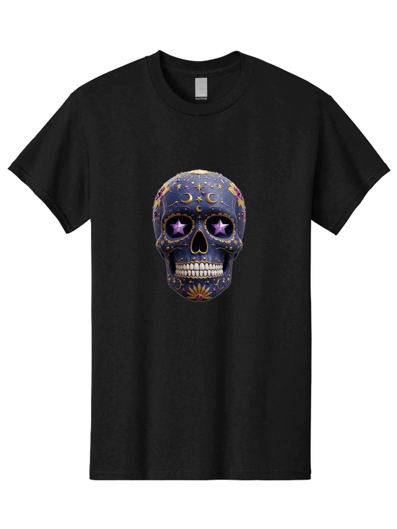 Sugar-Skull-19 Men'S Graphic Tee, 100% Cotton, Comfortable Casual Summer Wear, Machine Washable, Sugar Skull, Day Of The Dead, Decorative Skull, Mystical Symbols, Stars, Moon, Celestial Design, Vibrant Colors, Gold Accents, Purple Stars, Bad768