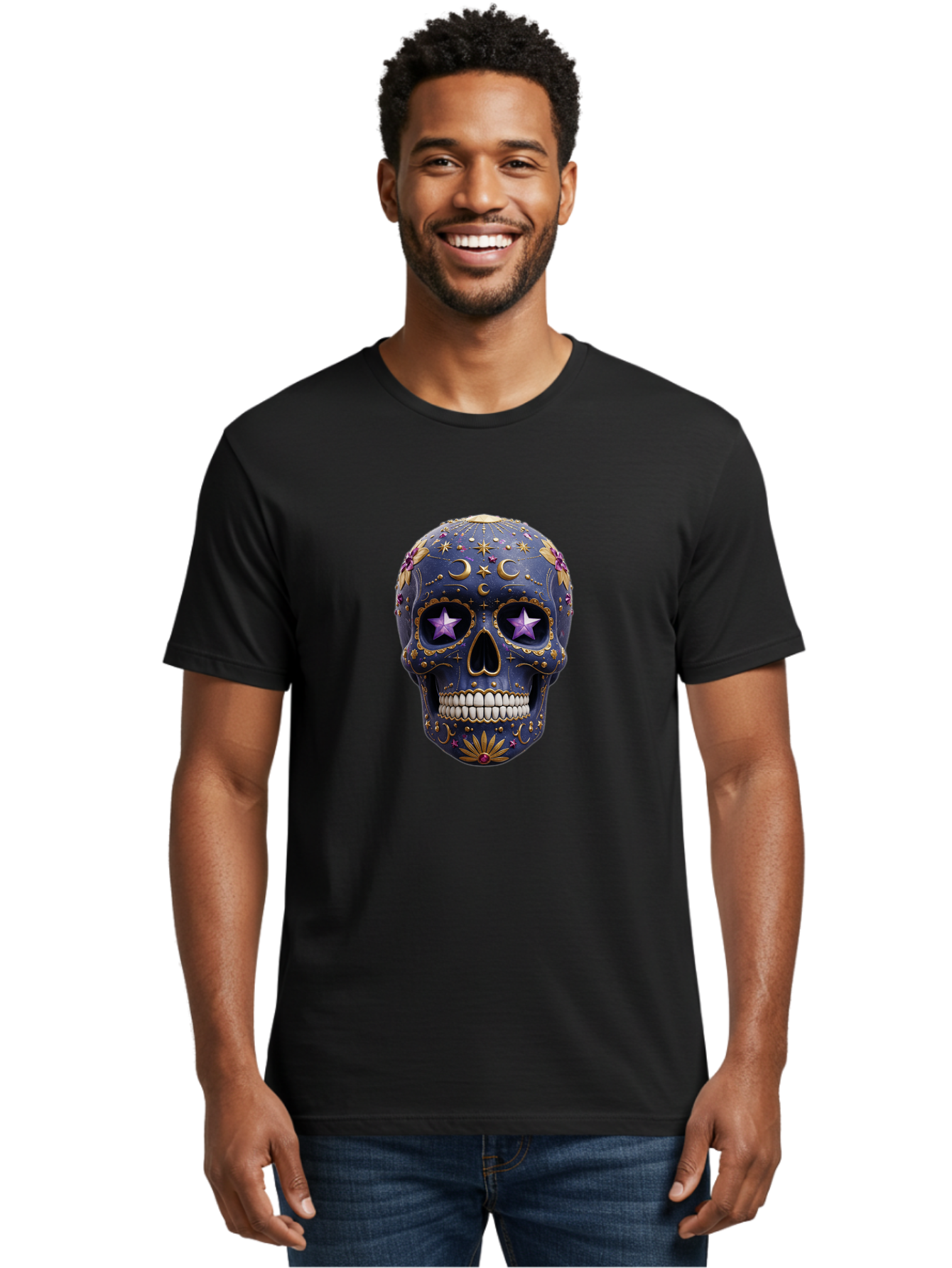 Sugar-Skull-19 Men'S Graphic Tee, 100% Cotton, Comfortable Casual Summer Wear, Machine Washable, Sugar Skull, Day Of The Dead, Decorative Skull, Mystical Symbols, Stars, Moon, Celestial Design, Vibrant Colors, Gold Accents, Purple Stars, Bad768