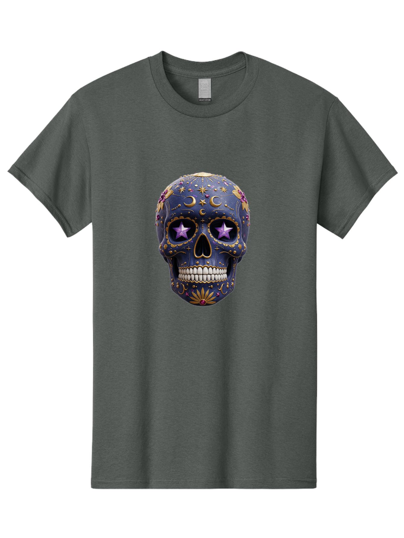 Sugar-Skull-19 Men'S Graphic Tee, 100% Cotton, Comfortable Casual Summer Wear, Machine Washable, Sugar Skull, Day Of The Dead, Decorative Skull, Mystical Symbols, Stars, Moon, Celestial Design, Vibrant Colors, Gold Accents, Purple Stars, Bad768