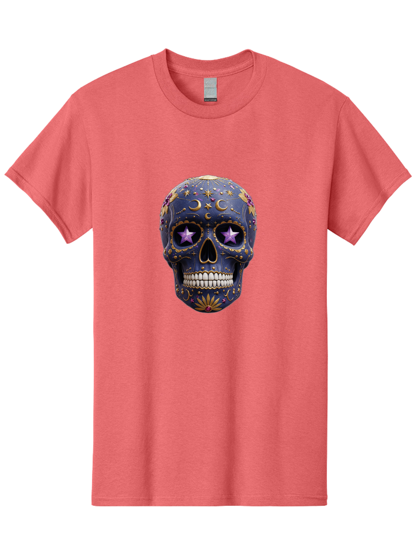 Sugar-Skull-19 Men'S Graphic Tee, 100% Cotton, Comfortable Casual Summer Wear, Machine Washable, Sugar Skull, Day Of The Dead, Decorative Skull, Mystical Symbols, Stars, Moon, Celestial Design, Vibrant Colors, Gold Accents, Purple Stars, Bad768