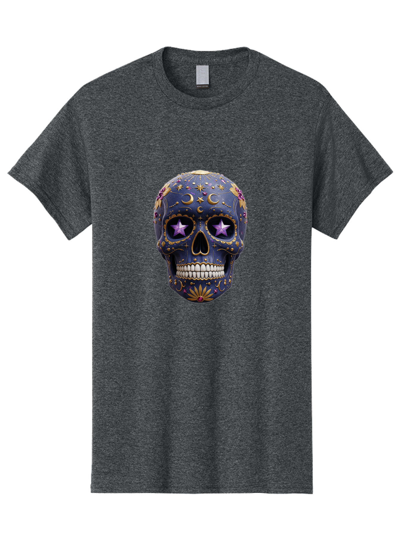 Sugar-Skull-19 Men'S Graphic Tee, 100% Cotton, Comfortable Casual Summer Wear, Machine Washable, Sugar Skull, Day Of The Dead, Decorative Skull, Mystical Symbols, Stars, Moon, Celestial Design, Vibrant Colors, Gold Accents, Purple Stars, Bad768