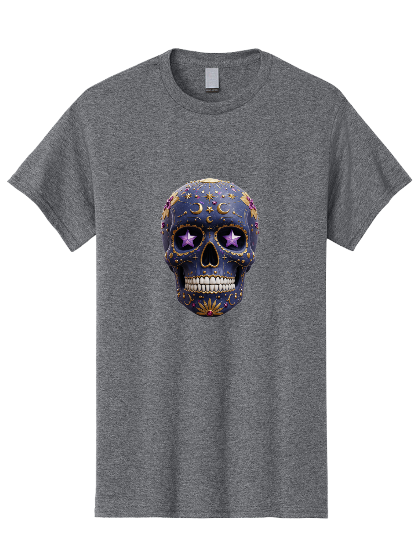 Sugar-Skull-19 Men'S Graphic Tee, 100% Cotton, Comfortable Casual Summer Wear, Machine Washable, Sugar Skull, Day Of The Dead, Decorative Skull, Mystical Symbols, Stars, Moon, Celestial Design, Vibrant Colors, Gold Accents, Purple Stars, Bad768