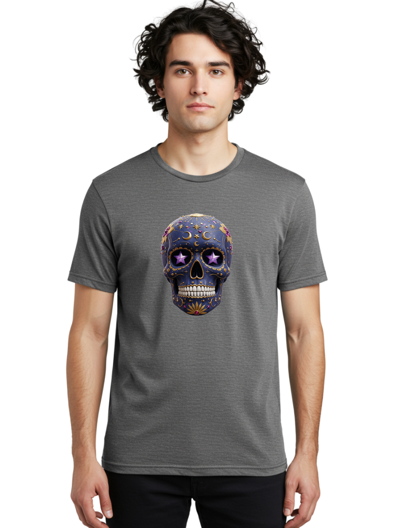 Sugar-Skull-19 Men'S Graphic Tee, 100% Cotton, Comfortable Casual Summer Wear, Machine Washable, Sugar Skull, Day Of The Dead, Decorative Skull, Mystical Symbols, Stars, Moon, Celestial Design, Vibrant Colors, Gold Accents, Purple Stars, Bad768