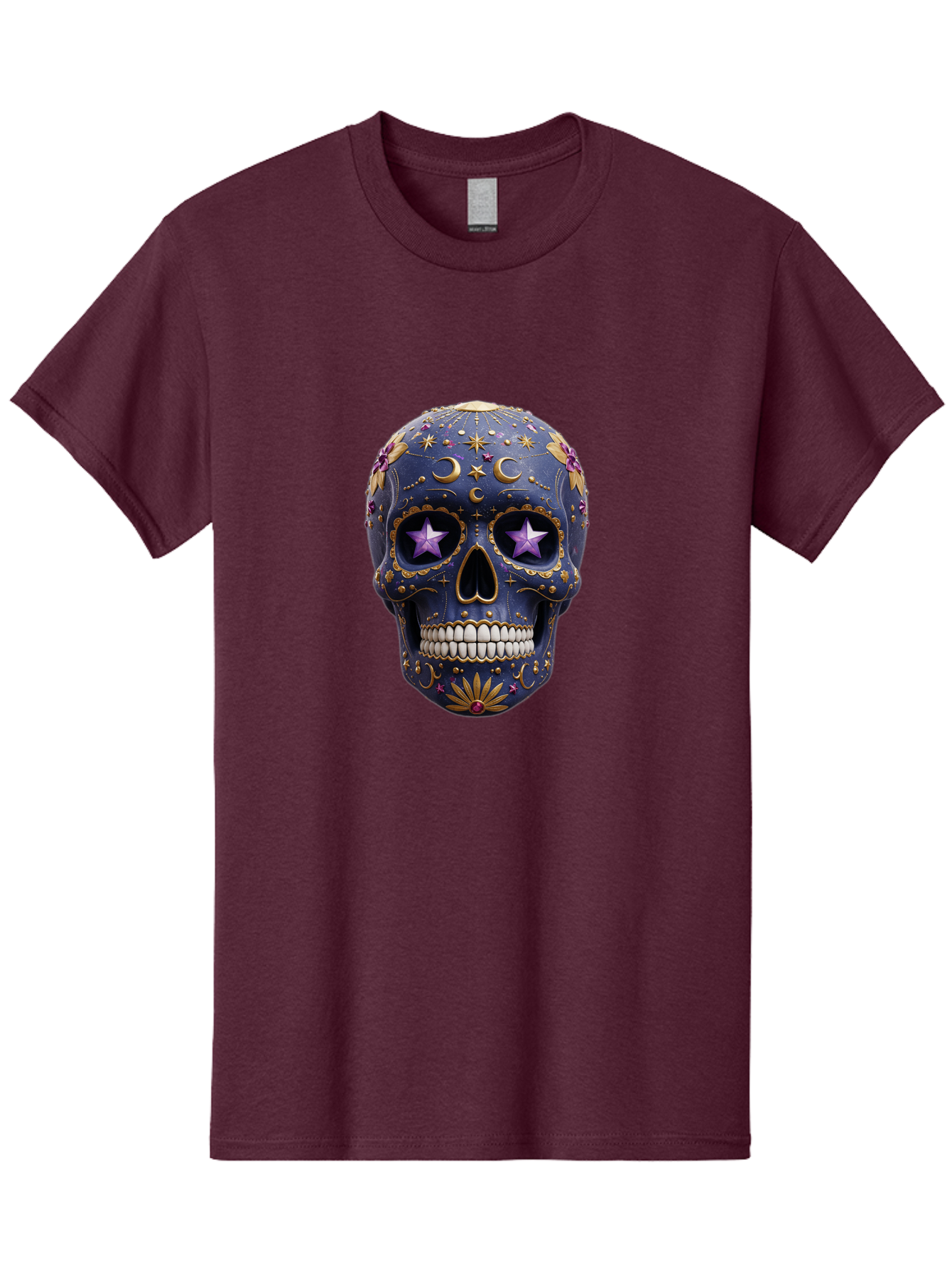Sugar-Skull-19 Men'S Graphic Tee, 100% Cotton, Comfortable Casual Summer Wear, Machine Washable, Sugar Skull, Day Of The Dead, Decorative Skull, Mystical Symbols, Stars, Moon, Celestial Design, Vibrant Colors, Gold Accents, Purple Stars, Bad768