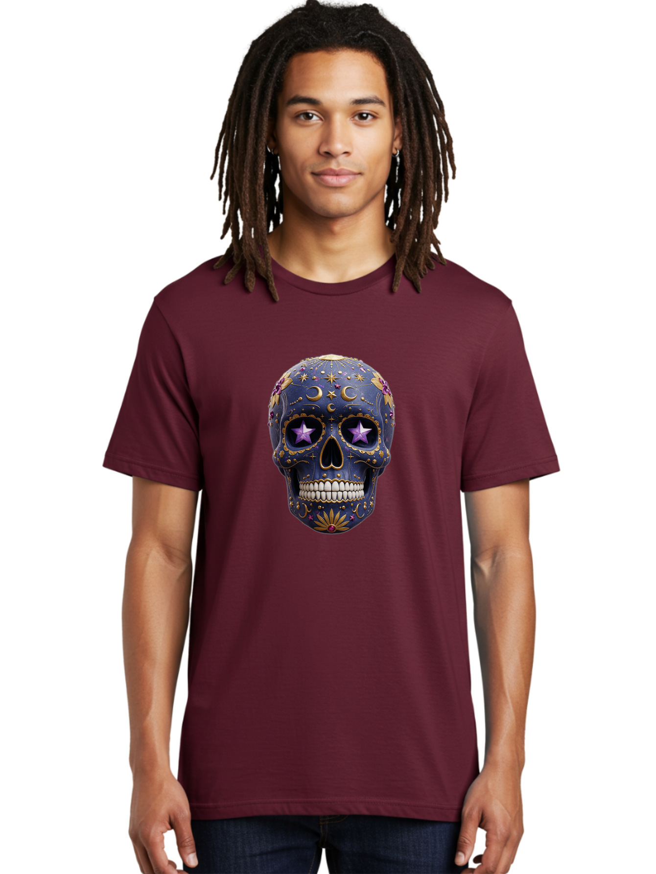 Sugar-Skull-19 Men'S Graphic Tee, 100% Cotton, Comfortable Casual Summer Wear, Machine Washable, Sugar Skull, Day Of The Dead, Decorative Skull, Mystical Symbols, Stars, Moon, Celestial Design, Vibrant Colors, Gold Accents, Purple Stars, Bad768