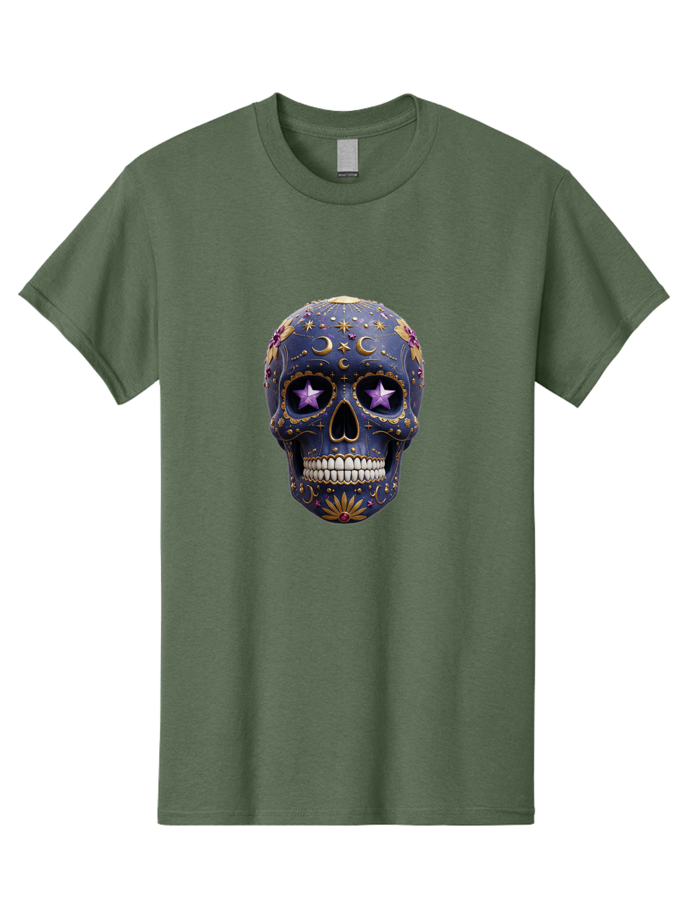 Sugar-Skull-19 Men'S Graphic Tee, 100% Cotton, Comfortable Casual Summer Wear, Machine Washable, Sugar Skull, Day Of The Dead, Decorative Skull, Mystical Symbols, Stars, Moon, Celestial Design, Vibrant Colors, Gold Accents, Purple Stars, Bad768