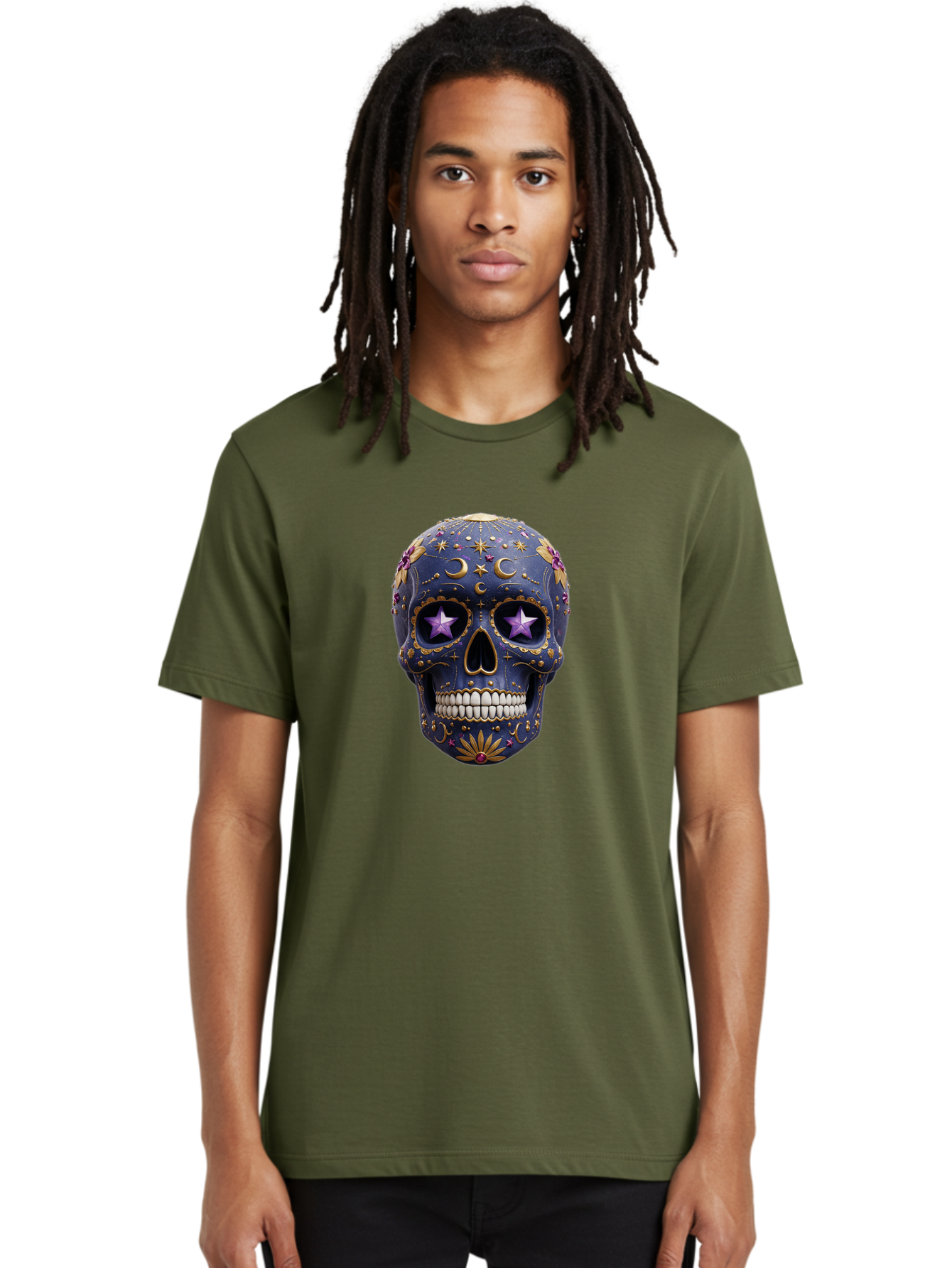 Sugar-Skull-19 Men'S Graphic Tee, 100% Cotton, Comfortable Casual Summer Wear, Machine Washable, Sugar Skull, Day Of The Dead, Decorative Skull, Mystical Symbols, Stars, Moon, Celestial Design, Vibrant Colors, Gold Accents, Purple Stars, Bad768