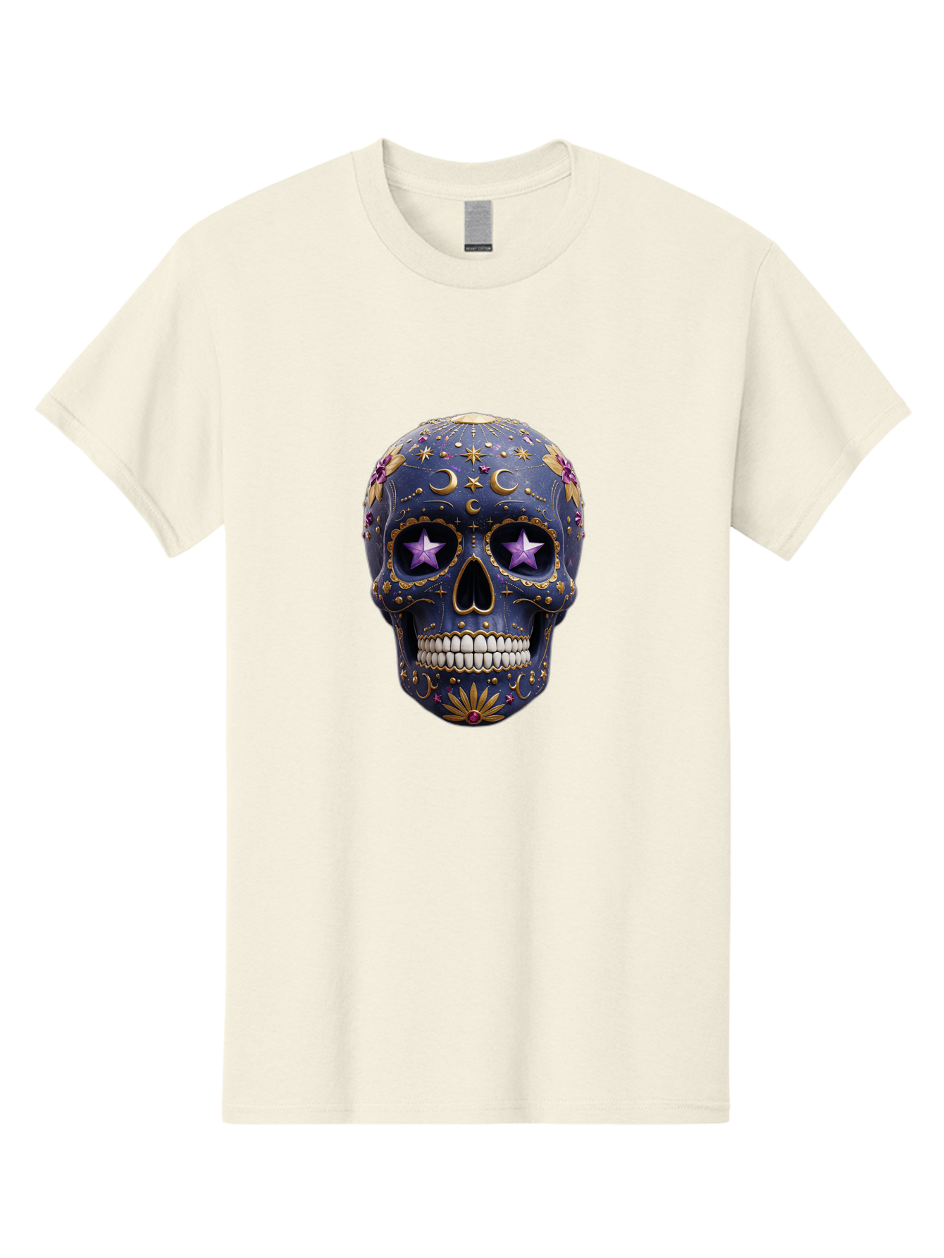 Sugar-Skull-19 Men'S Graphic Tee, 100% Cotton, Comfortable Casual Summer Wear, Machine Washable, Sugar Skull, Day Of The Dead, Decorative Skull, Mystical Symbols, Stars, Moon, Celestial Design, Vibrant Colors, Gold Accents, Purple Stars, Bad768