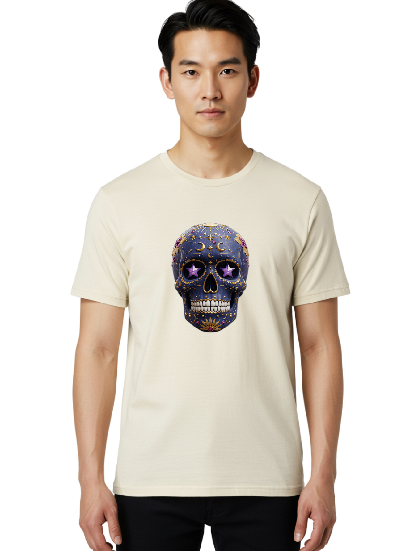 Sugar-Skull-19 Men'S Graphic Tee, 100% Cotton, Comfortable Casual Summer Wear, Machine Washable, Sugar Skull, Day Of The Dead, Decorative Skull, Mystical Symbols, Stars, Moon, Celestial Design, Vibrant Colors, Gold Accents, Purple Stars, Bad768