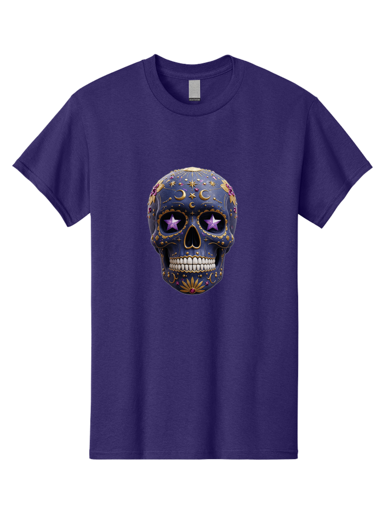 Sugar-Skull-19 Men'S Graphic Tee, 100% Cotton, Comfortable Casual Summer Wear, Machine Washable, Sugar Skull, Day Of The Dead, Decorative Skull, Mystical Symbols, Stars, Moon, Celestial Design, Vibrant Colors, Gold Accents, Purple Stars, Bad768