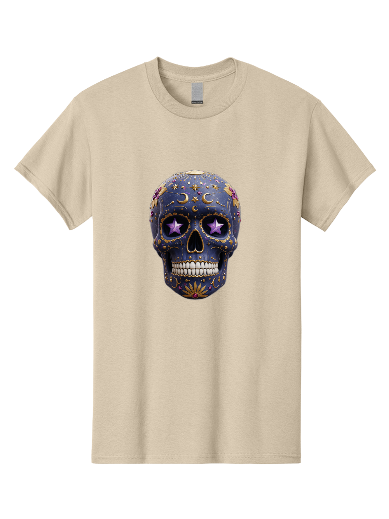 Sugar-Skull-19 Men'S Graphic Tee, 100% Cotton, Comfortable Casual Summer Wear, Machine Washable, Sugar Skull, Day Of The Dead, Decorative Skull, Mystical Symbols, Stars, Moon, Celestial Design, Vibrant Colors, Gold Accents, Purple Stars, Bad768