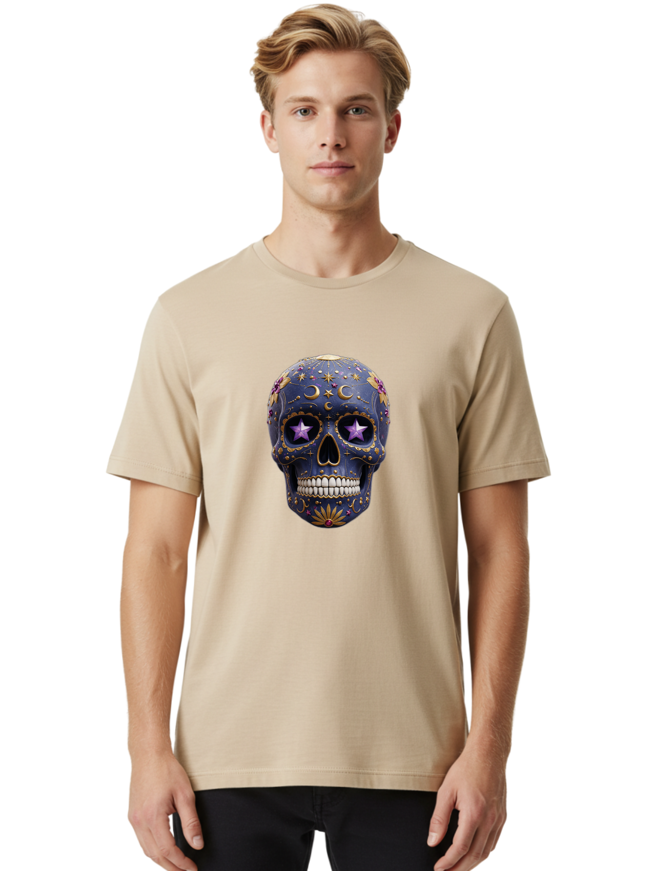 Sugar-Skull-19 Men'S Graphic Tee, 100% Cotton, Comfortable Casual Summer Wear, Machine Washable, Sugar Skull, Day Of The Dead, Decorative Skull, Mystical Symbols, Stars, Moon, Celestial Design, Vibrant Colors, Gold Accents, Purple Stars, Bad768
