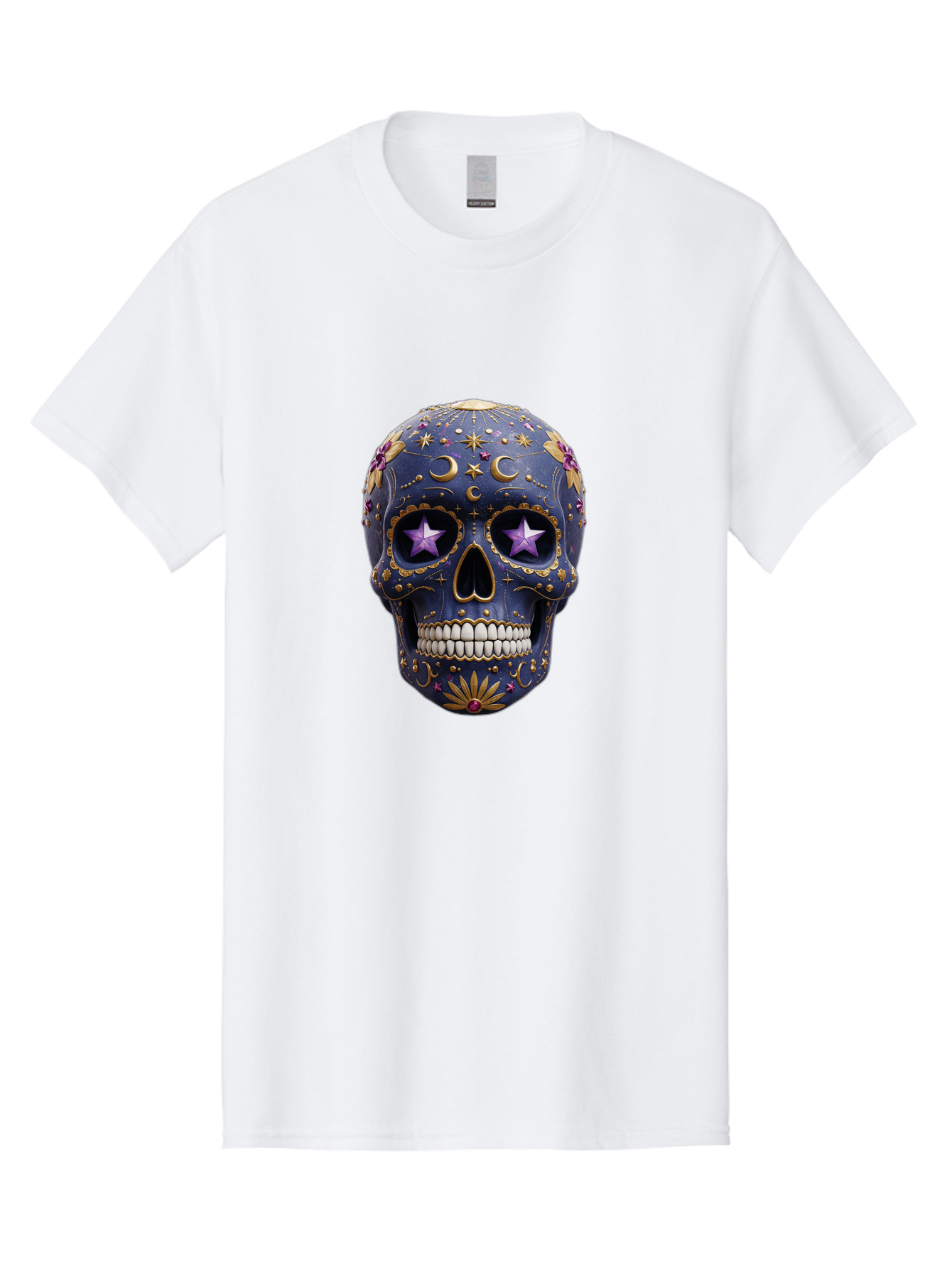 Sugar-Skull-19 Men'S Graphic Tee, 100% Cotton, Comfortable Casual Summer Wear, Machine Washable, Sugar Skull, Day Of The Dead, Decorative Skull, Mystical Symbols, Stars, Moon, Celestial Design, Vibrant Colors, Gold Accents, Purple Stars, Bad768