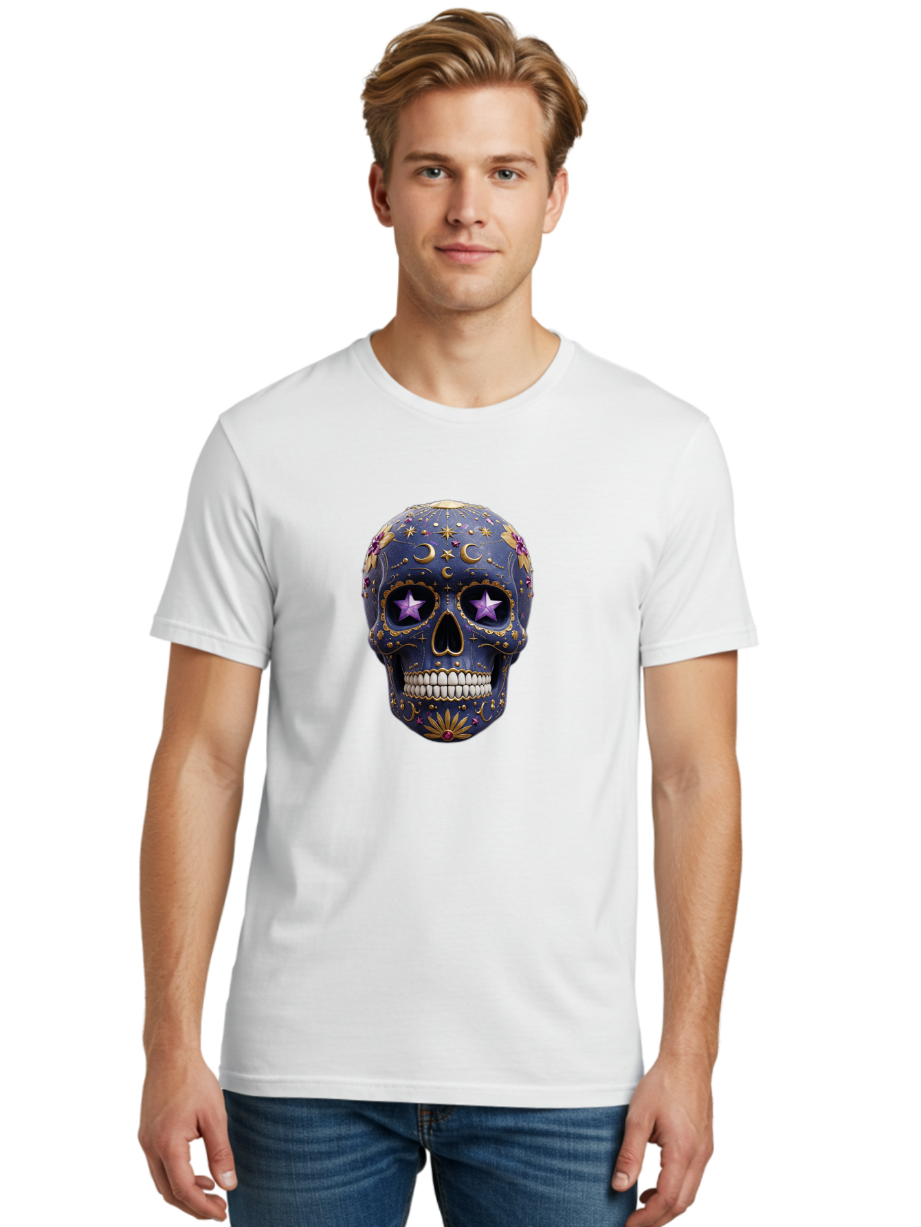 Sugar-Skull-19 Men'S Graphic Tee, 100% Cotton, Comfortable Casual Summer Wear, Machine Washable, Sugar Skull, Day Of The Dead, Decorative Skull, Mystical Symbols, Stars, Moon, Celestial Design, Vibrant Colors, Gold Accents, Purple Stars, Bad768