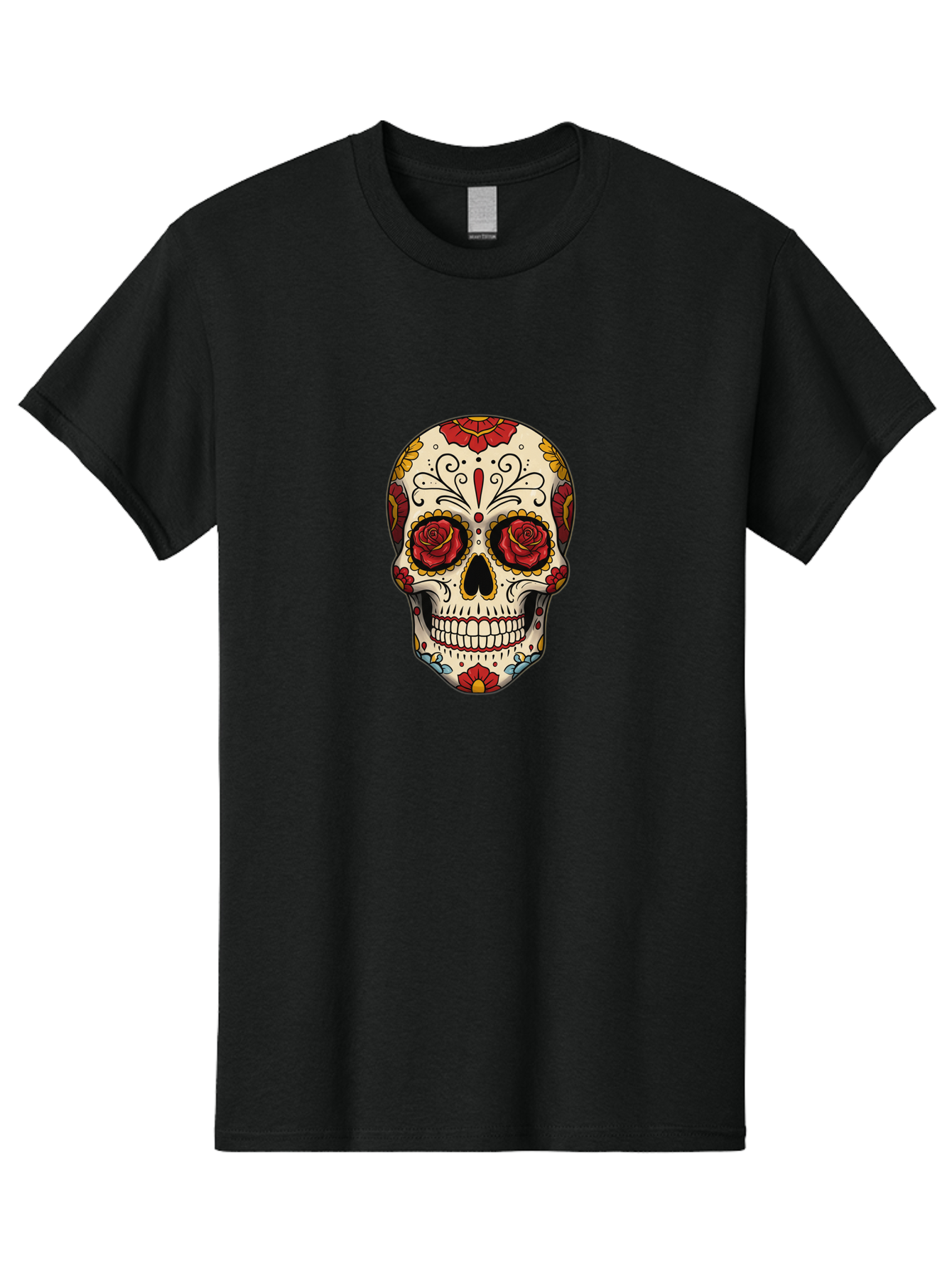 Sugar-Skull-2 Men'S Graphic Tee, 100% Cotton, Comfortable Casual Summer Wear, Machine Washable, Sugar Skull, Day Of The Dead, Floral Design, Red Roses, Skull Art, Vibrant Colors, Mexican Culture, Decorative Skull, Intricate Patterns, Bad769