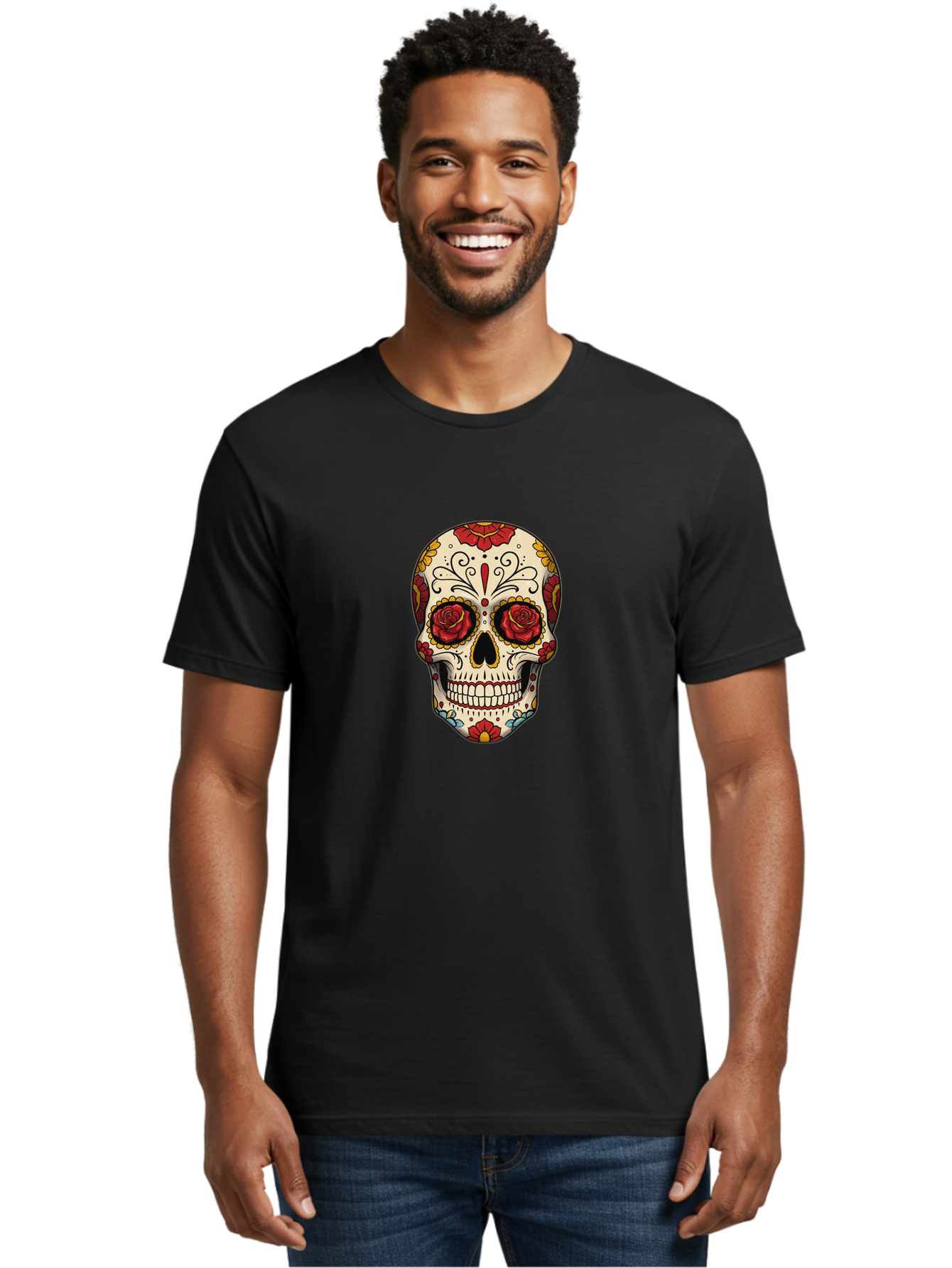 Sugar-Skull-2 Men'S Graphic Tee, 100% Cotton, Comfortable Casual Summer Wear, Machine Washable, Sugar Skull, Day Of The Dead, Floral Design, Red Roses, Skull Art, Vibrant Colors, Mexican Culture, Decorative Skull, Intricate Patterns, Bad769
