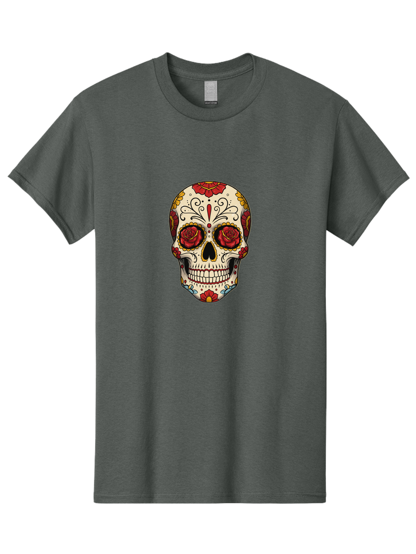 Sugar-Skull-2 Men'S Graphic Tee, 100% Cotton, Comfortable Casual Summer Wear, Machine Washable, Sugar Skull, Day Of The Dead, Floral Design, Red Roses, Skull Art, Vibrant Colors, Mexican Culture, Decorative Skull, Intricate Patterns, Bad769