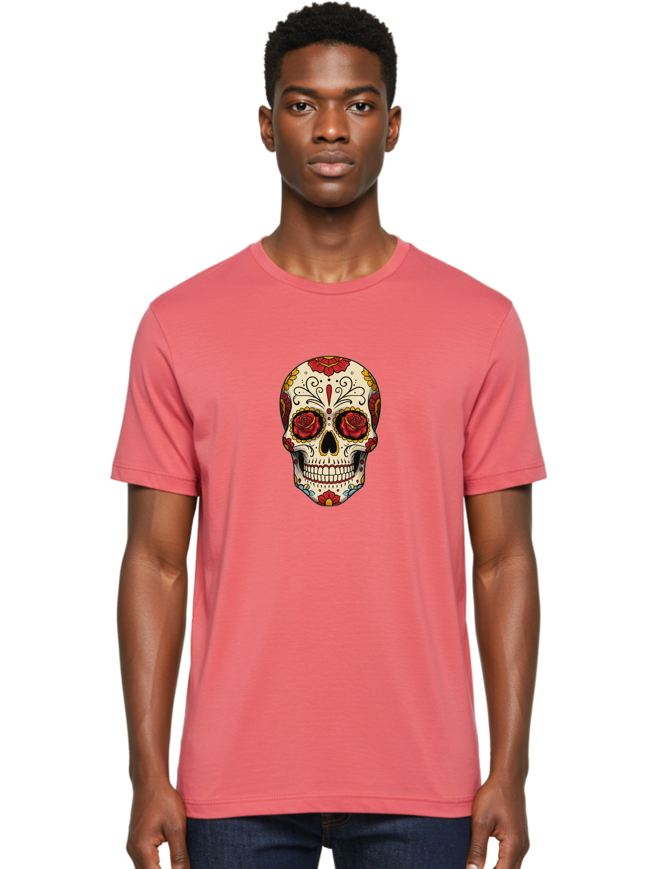 Sugar-Skull-2 Men'S Graphic Tee, 100% Cotton, Comfortable Casual Summer Wear, Machine Washable, Sugar Skull, Day Of The Dead, Floral Design, Red Roses, Skull Art, Vibrant Colors, Mexican Culture, Decorative Skull, Intricate Patterns, Bad769