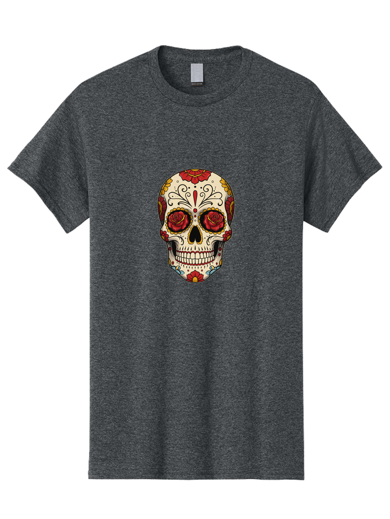 Sugar-Skull-2 Men'S Graphic Tee, 100% Cotton, Comfortable Casual Summer Wear, Machine Washable, Sugar Skull, Day Of The Dead, Floral Design, Red Roses, Skull Art, Vibrant Colors, Mexican Culture, Decorative Skull, Intricate Patterns, Bad769