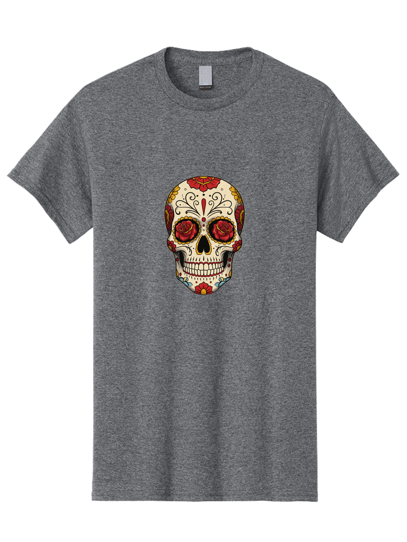 Sugar-Skull-2 Men'S Graphic Tee, 100% Cotton, Comfortable Casual Summer Wear, Machine Washable, Sugar Skull, Day Of The Dead, Floral Design, Red Roses, Skull Art, Vibrant Colors, Mexican Culture, Decorative Skull, Intricate Patterns, Bad769