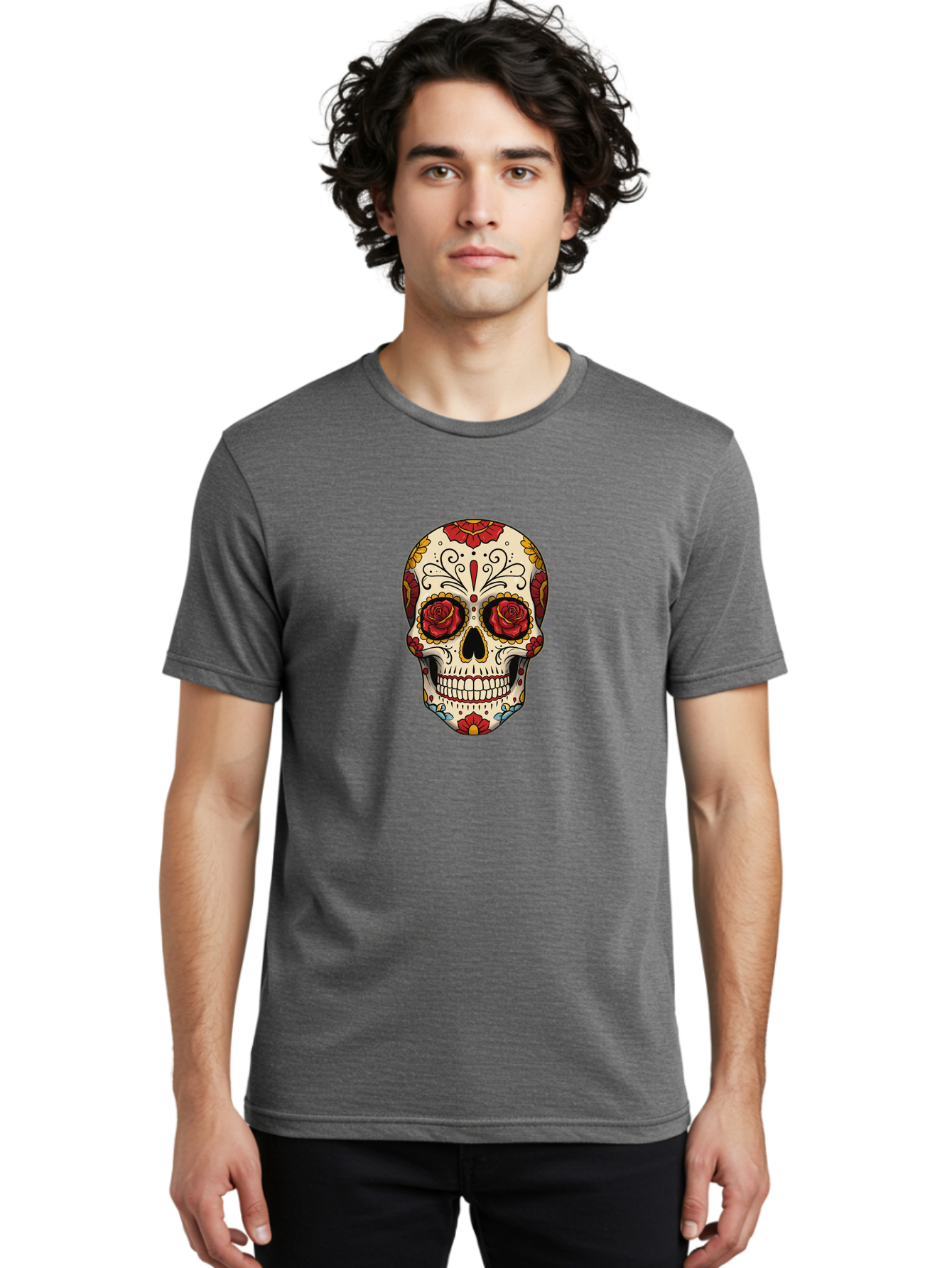 Sugar-Skull-2 Men'S Graphic Tee, 100% Cotton, Comfortable Casual Summer Wear, Machine Washable, Sugar Skull, Day Of The Dead, Floral Design, Red Roses, Skull Art, Vibrant Colors, Mexican Culture, Decorative Skull, Intricate Patterns, Bad769