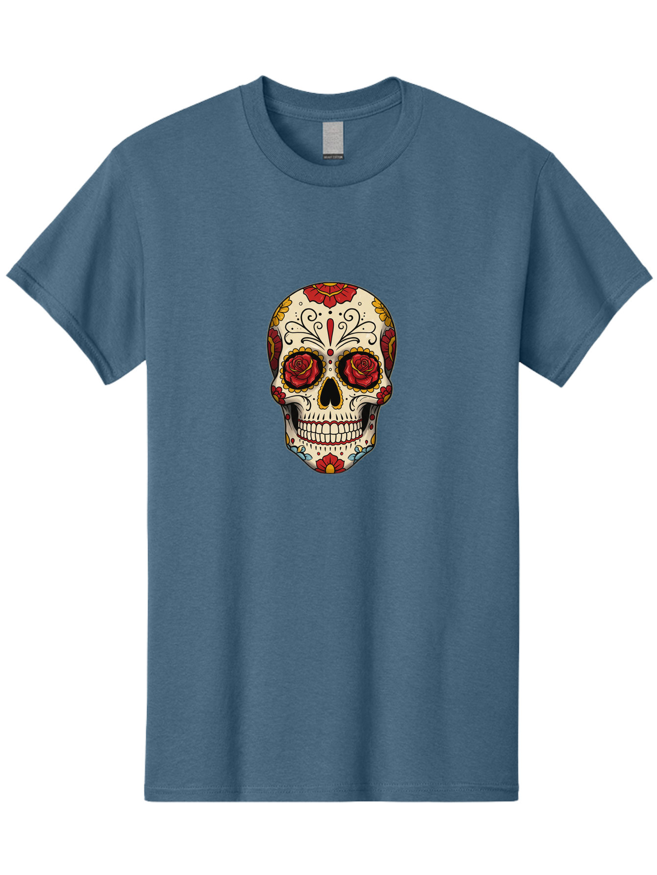 Sugar-Skull-2 Men'S Graphic Tee, 100% Cotton, Comfortable Casual Summer Wear, Machine Washable, Sugar Skull, Day Of The Dead, Floral Design, Red Roses, Skull Art, Vibrant Colors, Mexican Culture, Decorative Skull, Intricate Patterns, Bad769