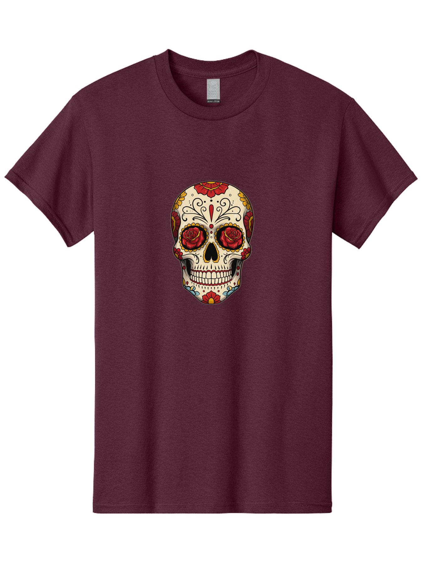 Sugar-Skull-2 Men'S Graphic Tee, 100% Cotton, Comfortable Casual Summer Wear, Machine Washable, Sugar Skull, Day Of The Dead, Floral Design, Red Roses, Skull Art, Vibrant Colors, Mexican Culture, Decorative Skull, Intricate Patterns, Bad769
