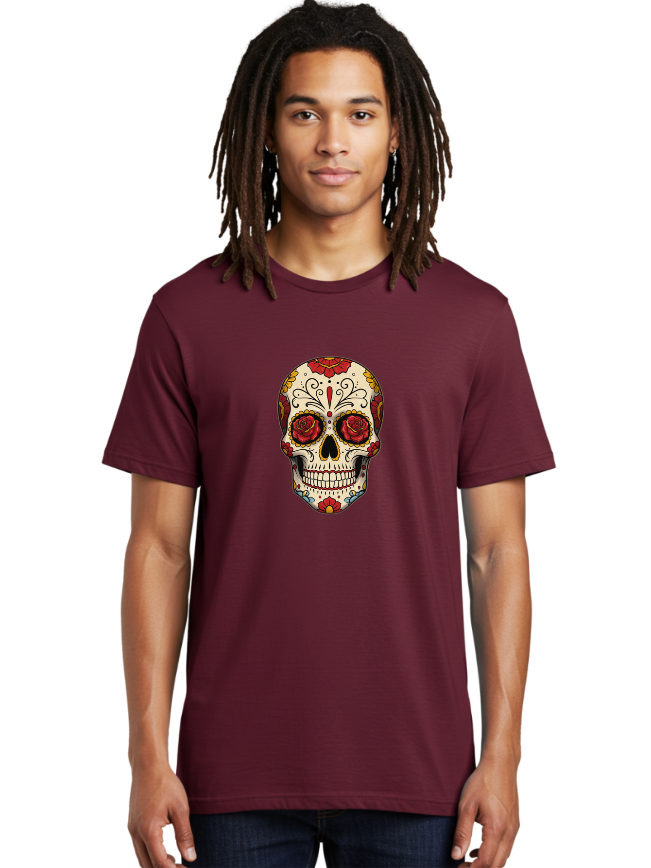 Sugar-Skull-2 Men'S Graphic Tee, 100% Cotton, Comfortable Casual Summer Wear, Machine Washable, Sugar Skull, Day Of The Dead, Floral Design, Red Roses, Skull Art, Vibrant Colors, Mexican Culture, Decorative Skull, Intricate Patterns, Bad769