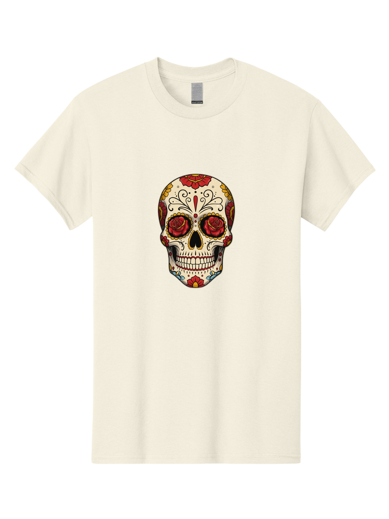 Sugar-Skull-2 Men'S Graphic Tee, 100% Cotton, Comfortable Casual Summer Wear, Machine Washable, Sugar Skull, Day Of The Dead, Floral Design, Red Roses, Skull Art, Vibrant Colors, Mexican Culture, Decorative Skull, Intricate Patterns, Bad769