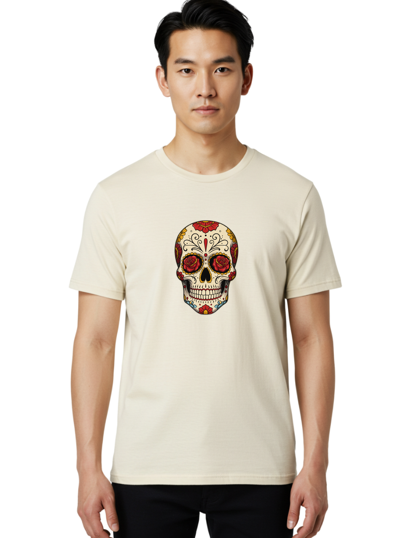 Sugar-Skull-2 Men'S Graphic Tee, 100% Cotton, Comfortable Casual Summer Wear, Machine Washable, Sugar Skull, Day Of The Dead, Floral Design, Red Roses, Skull Art, Vibrant Colors, Mexican Culture, Decorative Skull, Intricate Patterns, Bad769