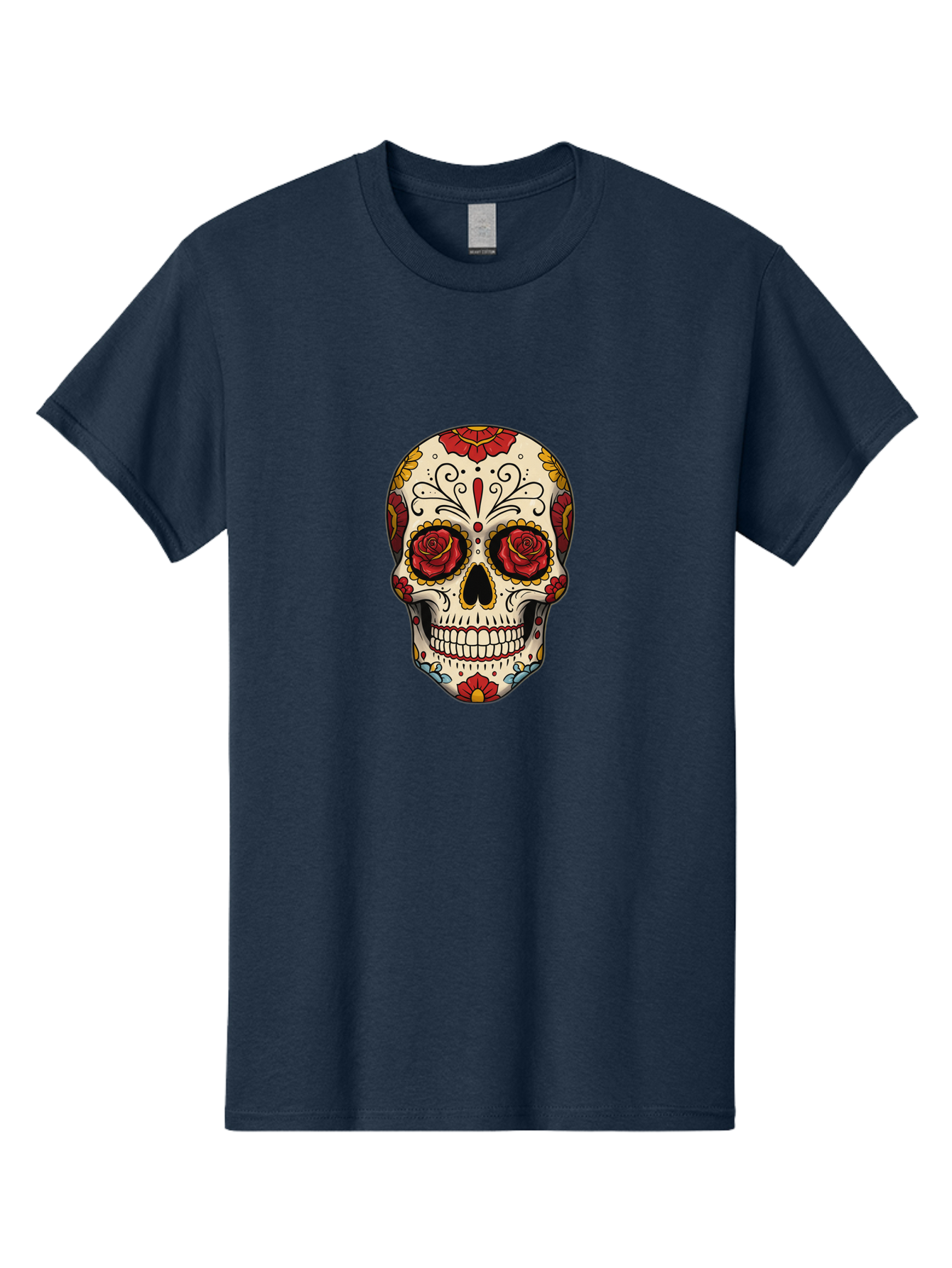 Sugar-Skull-2 Men'S Graphic Tee, 100% Cotton, Comfortable Casual Summer Wear, Machine Washable, Sugar Skull, Day Of The Dead, Floral Design, Red Roses, Skull Art, Vibrant Colors, Mexican Culture, Decorative Skull, Intricate Patterns, Bad769