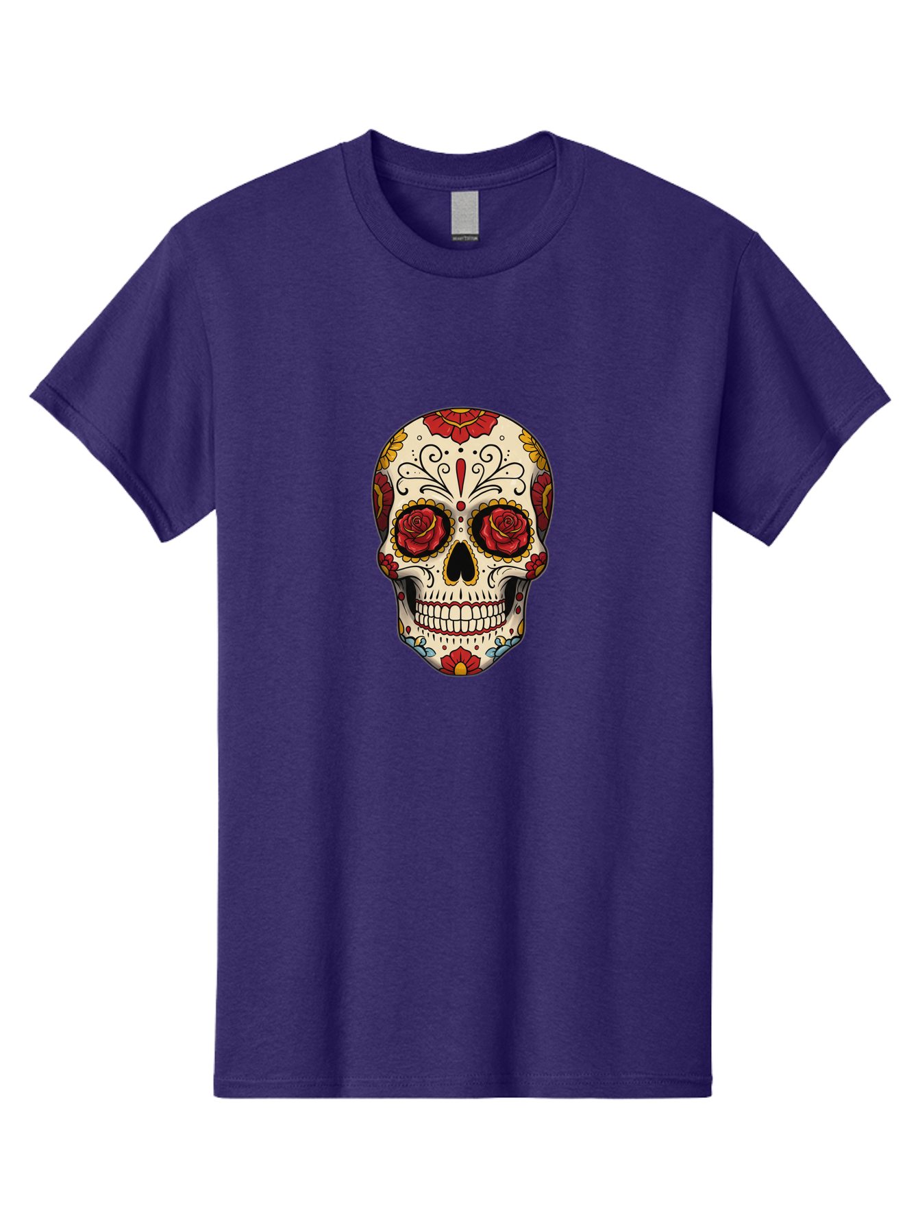 Sugar-Skull-2 Men'S Graphic Tee, 100% Cotton, Comfortable Casual Summer Wear, Machine Washable, Sugar Skull, Day Of The Dead, Floral Design, Red Roses, Skull Art, Vibrant Colors, Mexican Culture, Decorative Skull, Intricate Patterns, Bad769