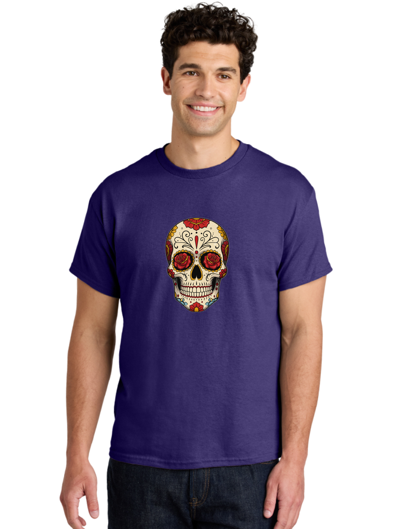 Sugar-Skull-2 Men'S Graphic Tee, 100% Cotton, Comfortable Casual Summer Wear, Machine Washable, Sugar Skull, Day Of The Dead, Floral Design, Red Roses, Skull Art, Vibrant Colors, Mexican Culture, Decorative Skull, Intricate Patterns, Bad769